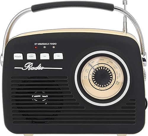 Supersonic SC-1201BT - Altavoz Bluetooth portátil retro con vibraciones vintage, radio AM/FM, tarjeta USB/SD/entradas AUX, en un bonito estilo Negro
