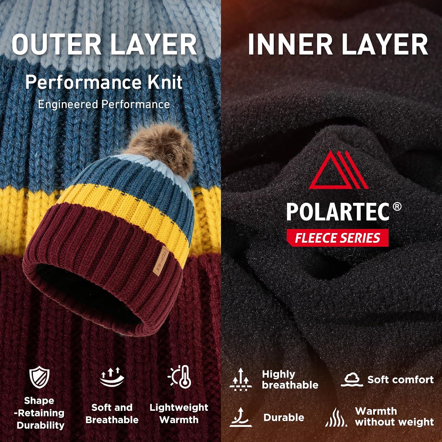 TOP-EX DryKnit™ Waterproof Knit Beanie with Removable Pom Fleece Lined Warm Winter Hat for Women Breathable Rain Snow Proof