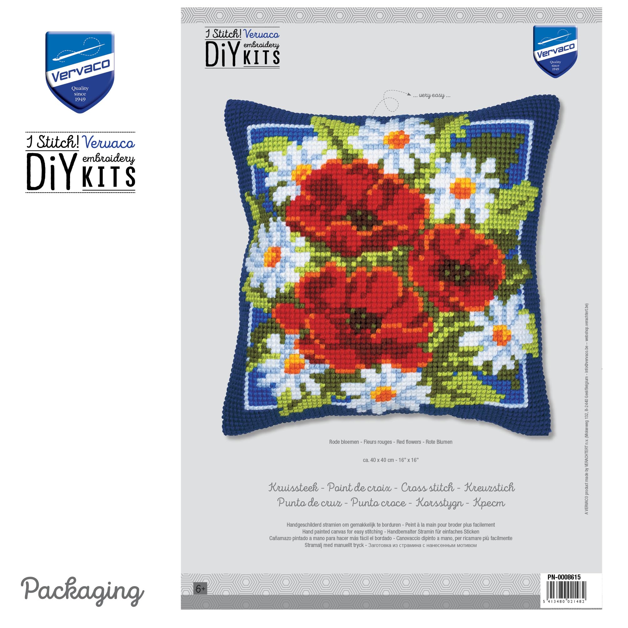 VERVACO Kit Cuscino Punto Croce Fiori Rossi Set Ricamo Principianti Cuscini Gobelin Decorativi ca. 40 x 40 cm Accessori per Lavoretti Creativi DIY Casa Decor Hobby Adulti Cross Stitch