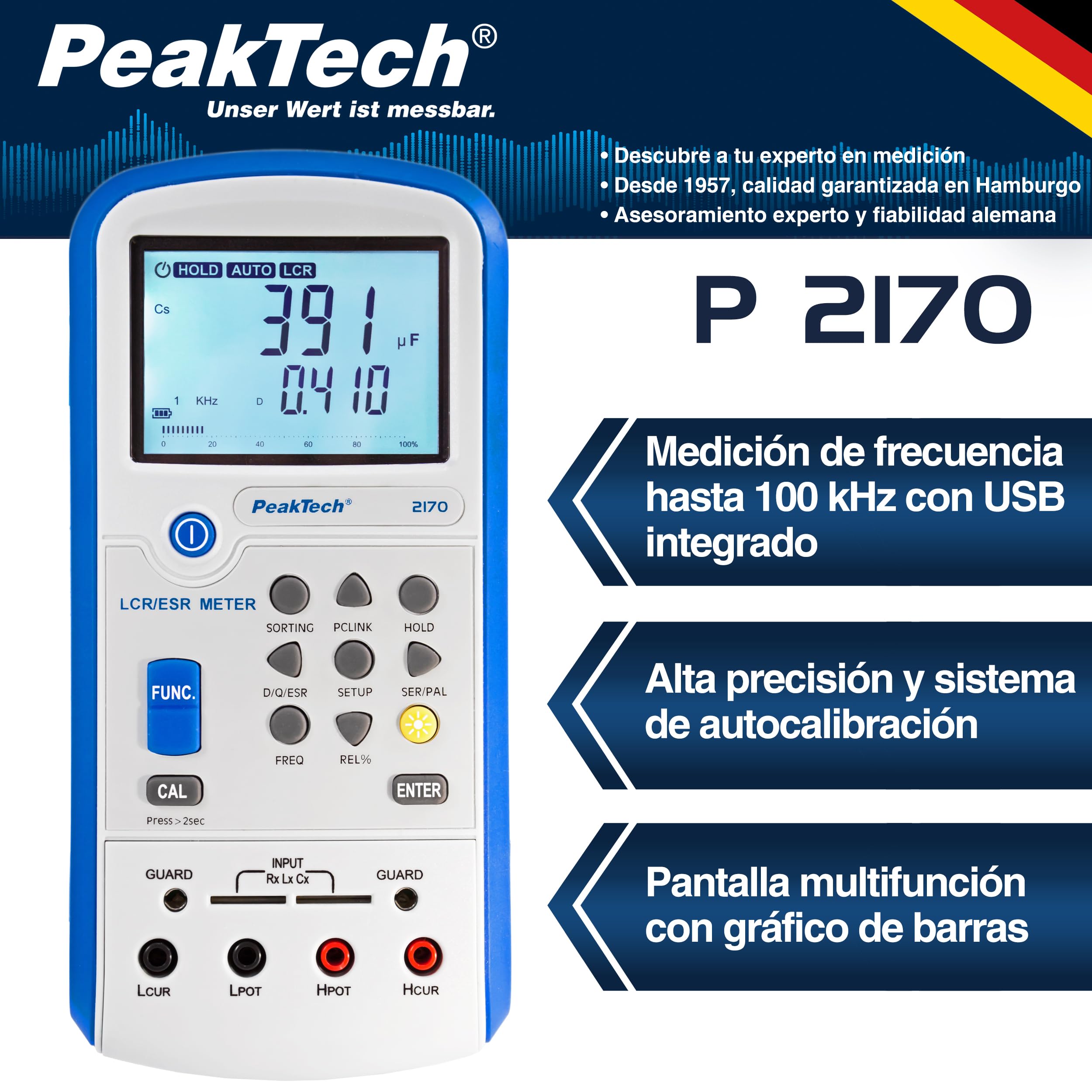 PeakTech 2170 - Medidor LCR, Dispositivo de Medición Esr con Usb, Incluido Software, Frecuencia 1/120 Hz, 1/10/100 Khz, Digital, Medición de Corriente, Pantalla LCD Iluminada, Gráfico de Barras