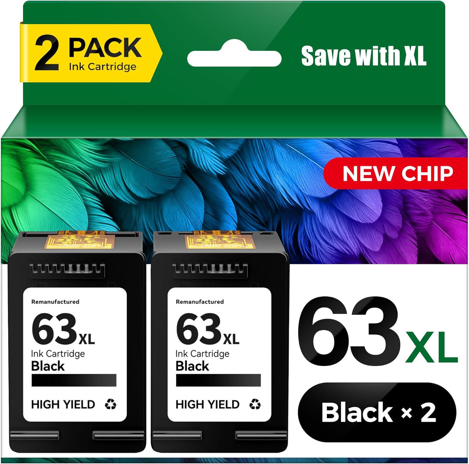 63XL Black High-Yield Ink Cartridges 2-Pack Replacement for HP 63 63XL Ink Works with HP Officejet 4650 3830 3833 5255 5258 5200 4655 4652 5252 Envy 4510 4520 4512 DeskJet 1112 2130 3630 2132 Printer