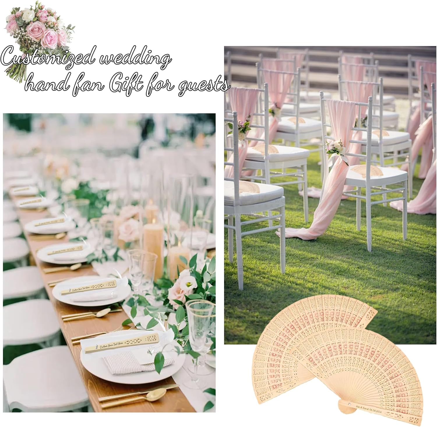 100Pcs Personalized Fans for Wedding Guests Custom Sandalwood Handheld Folding Fans Bulk with Text Organza Bags and Tassels for Party Favors Decor Bridal Shower Gifts for Guests (100)