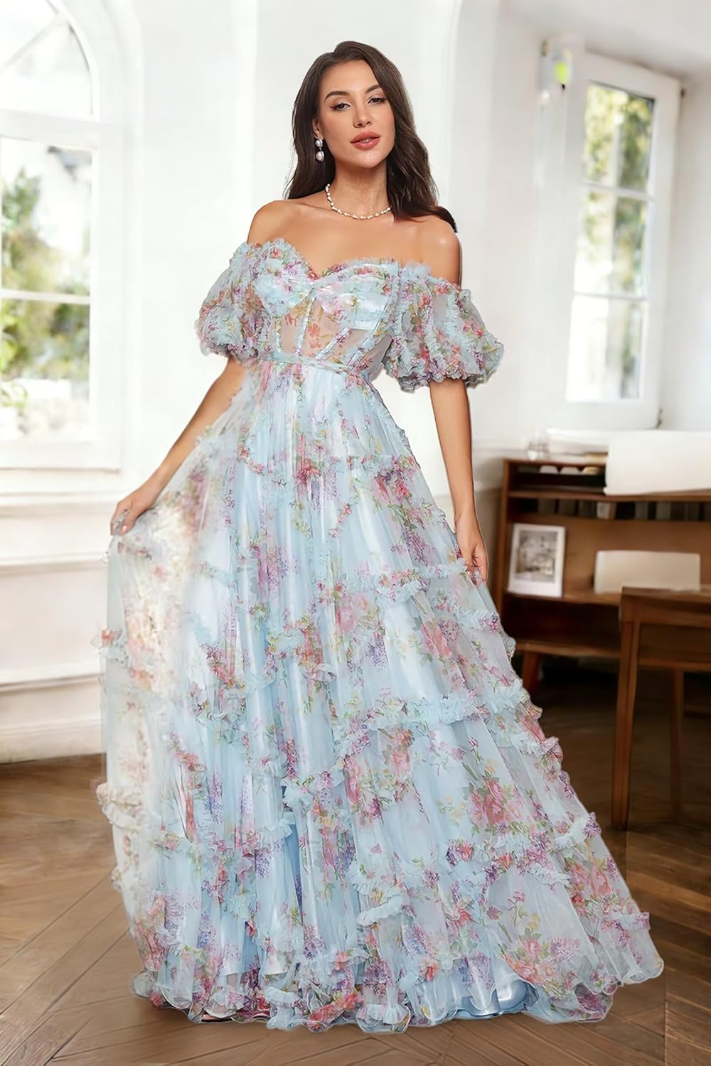 Women Off The Shoulder Ball Gown Dresses Floral Ruffle Tiered Quinceanera Dresses Tulle Sweet 16 Dress with Bow