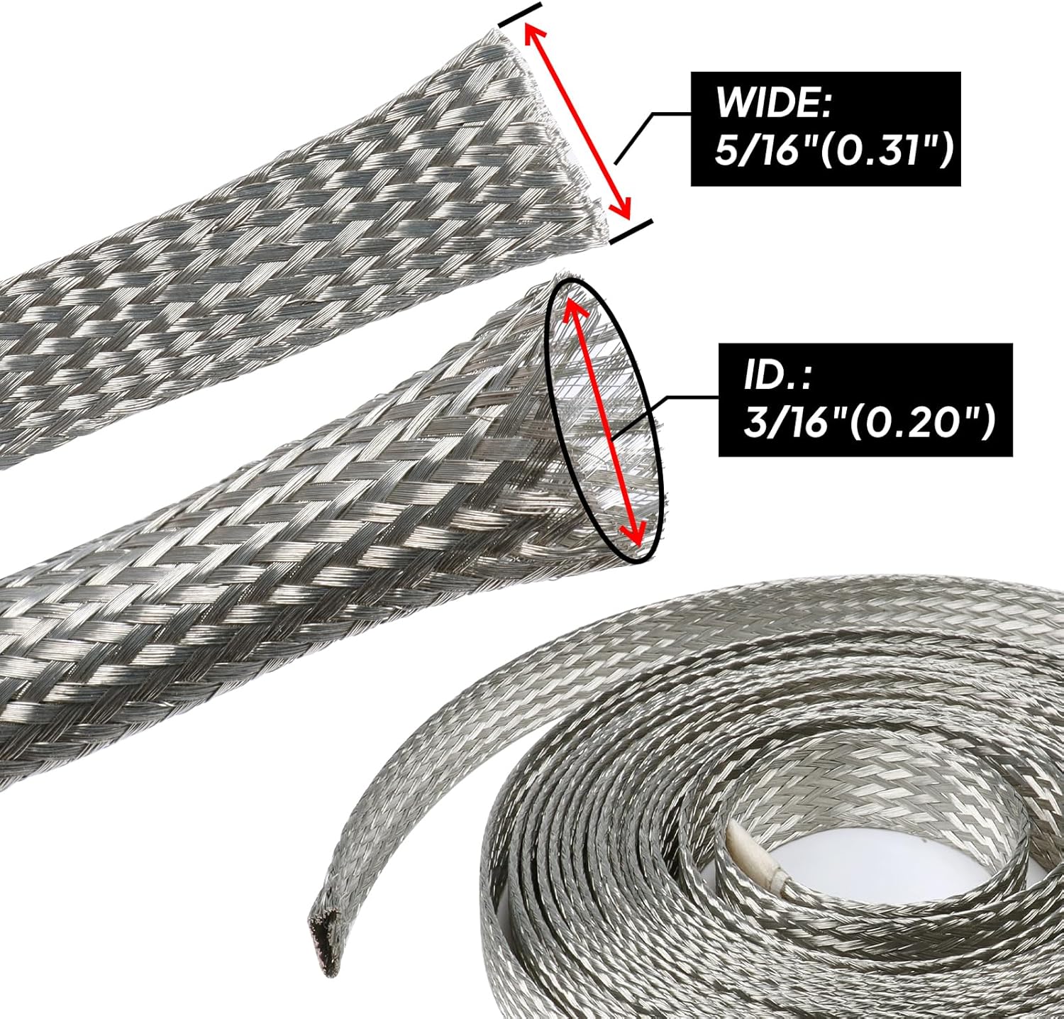 Tinned Copper Grounding Strap Electronics Wire Cable Shielding EMI RFI ESD Prevention Metal Braid Mesh Sleeve Signal Interfernce Screening 3/16" ID (5/16 inch - 19ft)