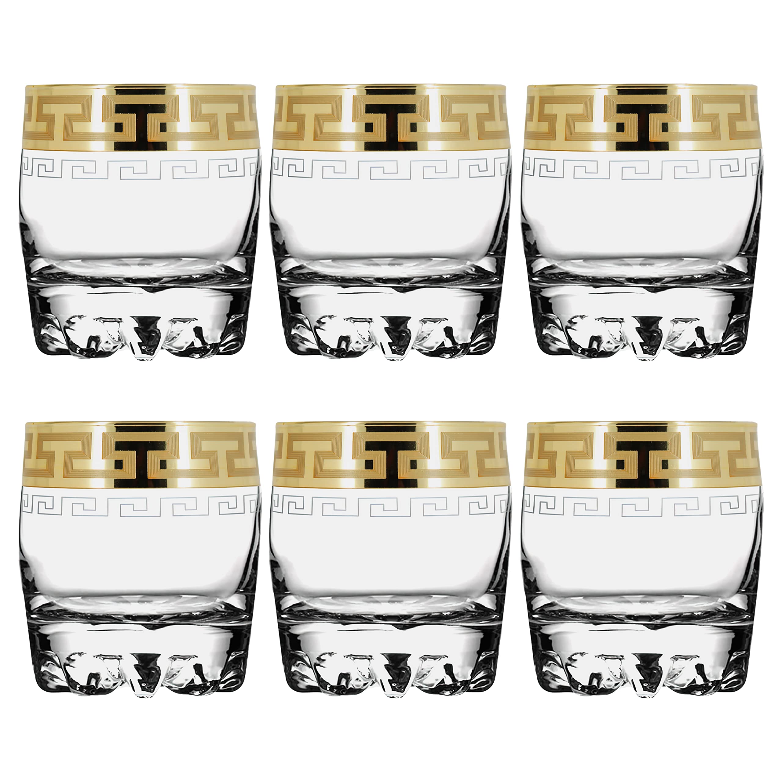 Roman Deluxe Whiskey Tumblers Glasses Set of 6 with Modern Unique Gold Engraved Greek Decor/Heavy and Thick Glass/Gift for Men, for him - 270ml