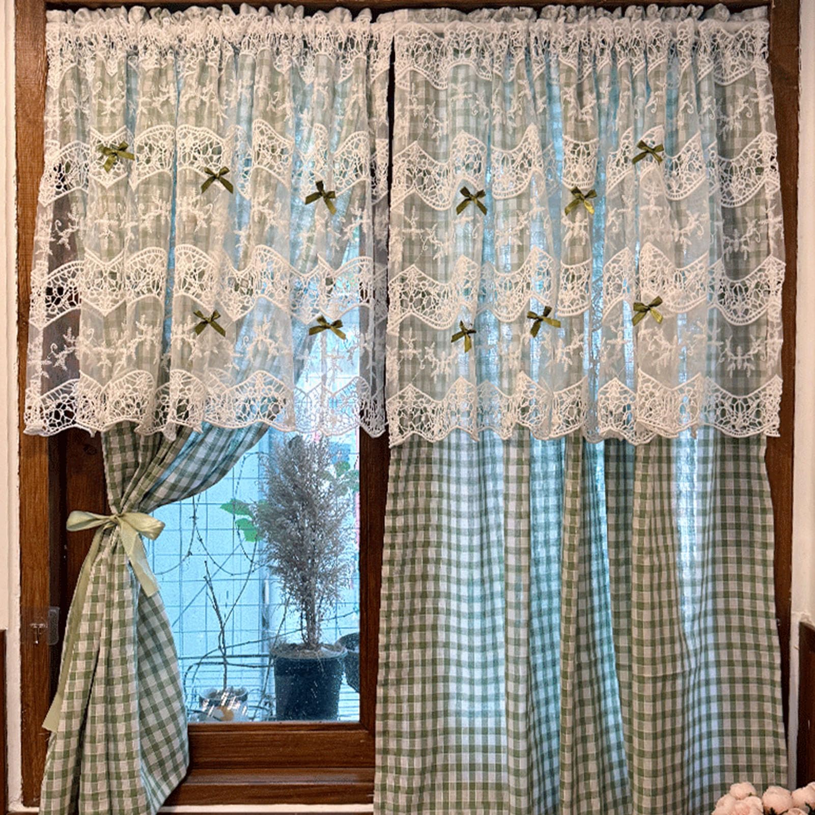 ZZYK Checkered Valance Curtains for Kitchen,Linen Window Curtain Panels for Farmhouse Living Room,Privacy Black Out White Lace Swag Toppers Valances,Paste,55" W x 25" L