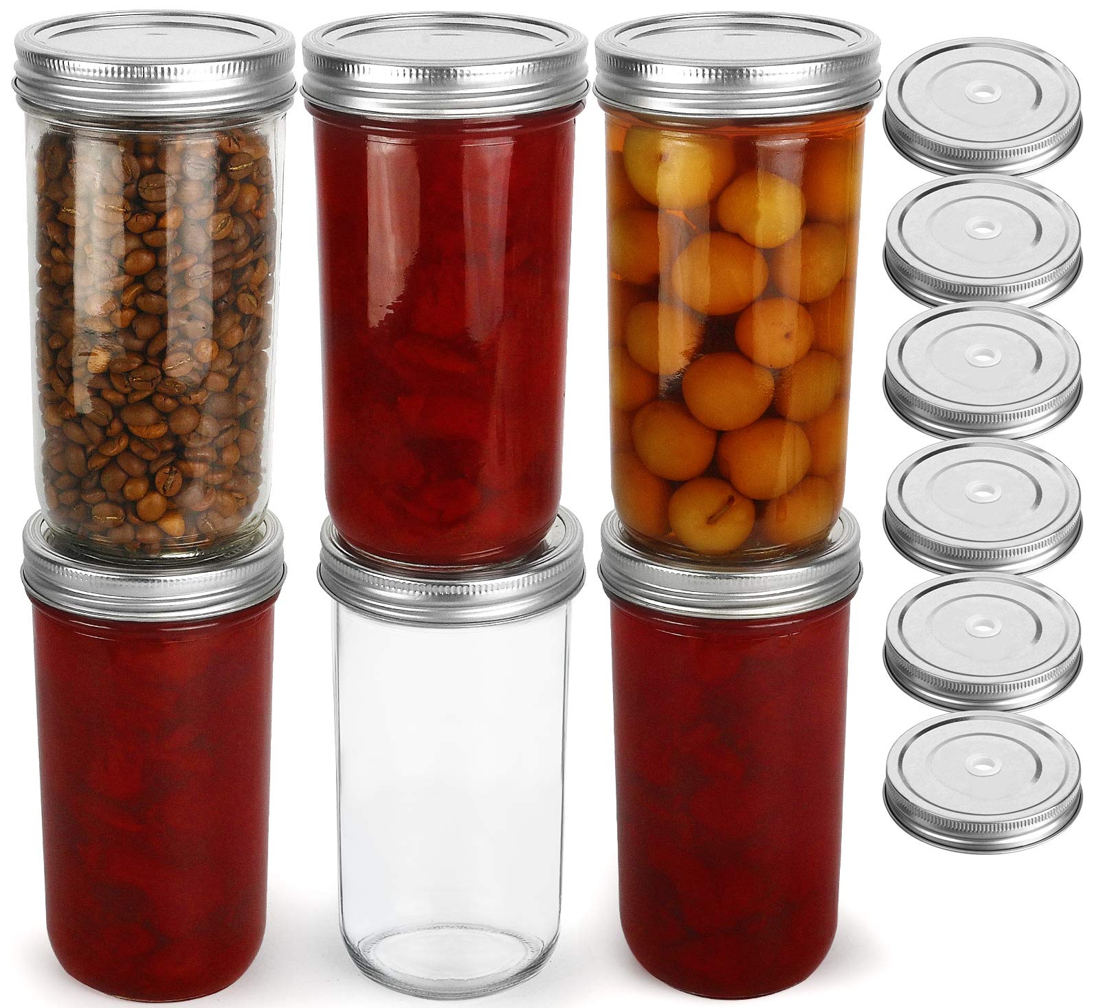 KAMOTA Wide Mouth Mason Jars 22 oz with Wide Mouth Lids and Bands, Ideal for Jam, Honey, Wedding Favors, Shower Favors, Baby Foods, DIY Magnetic Spice Jars, 6 Pack, 6 Silver Pipette Covers Included