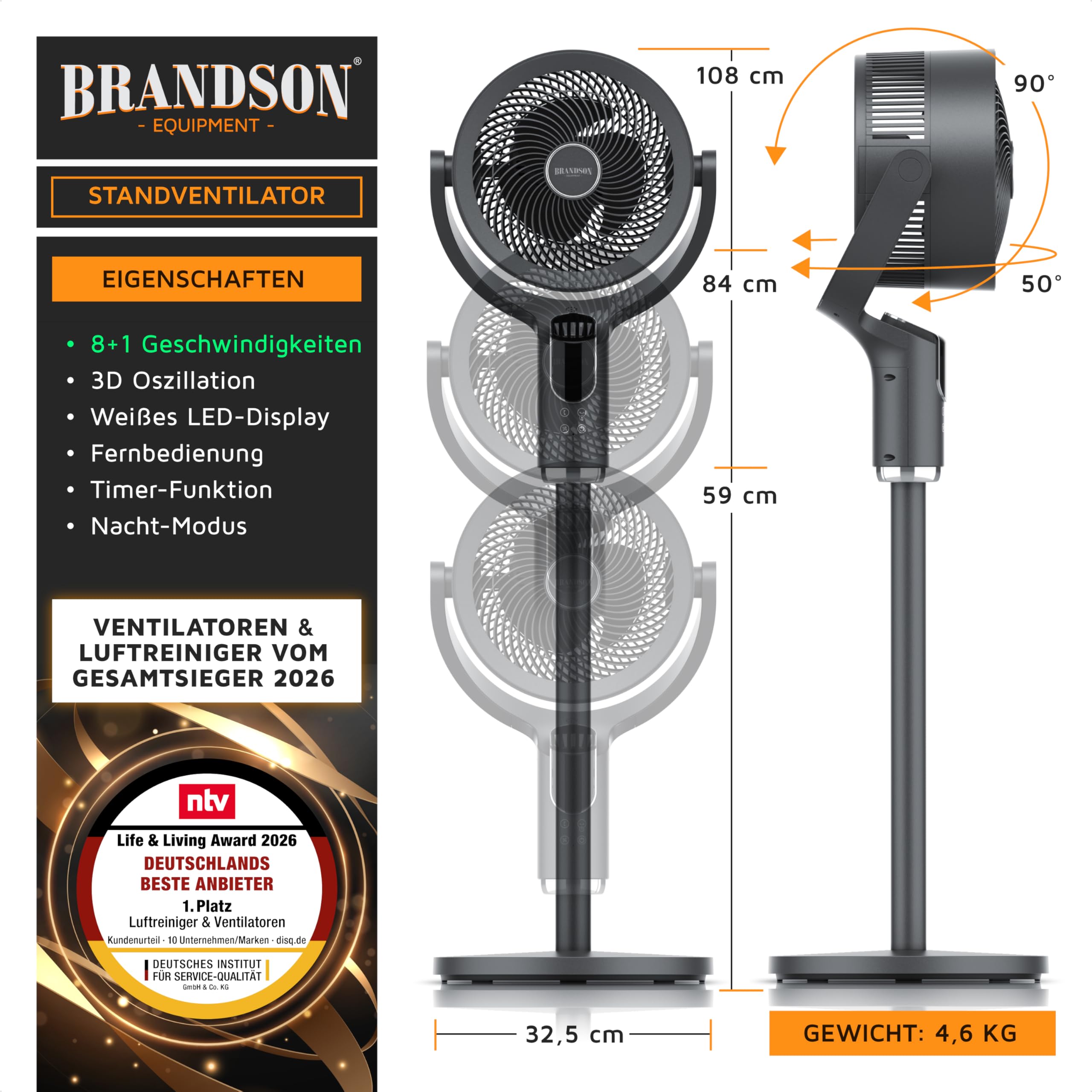 Brandson – 3D Standventilator mit Fernbedienung, Sieger Life & Living Award 2026, 3D Oszillation, Extra Leise, Sleep Modus, 8 + 1 Geschwindigkeitsstufen, für Schlafzimmer Wohnzimmer Kinderzimmer Büro
