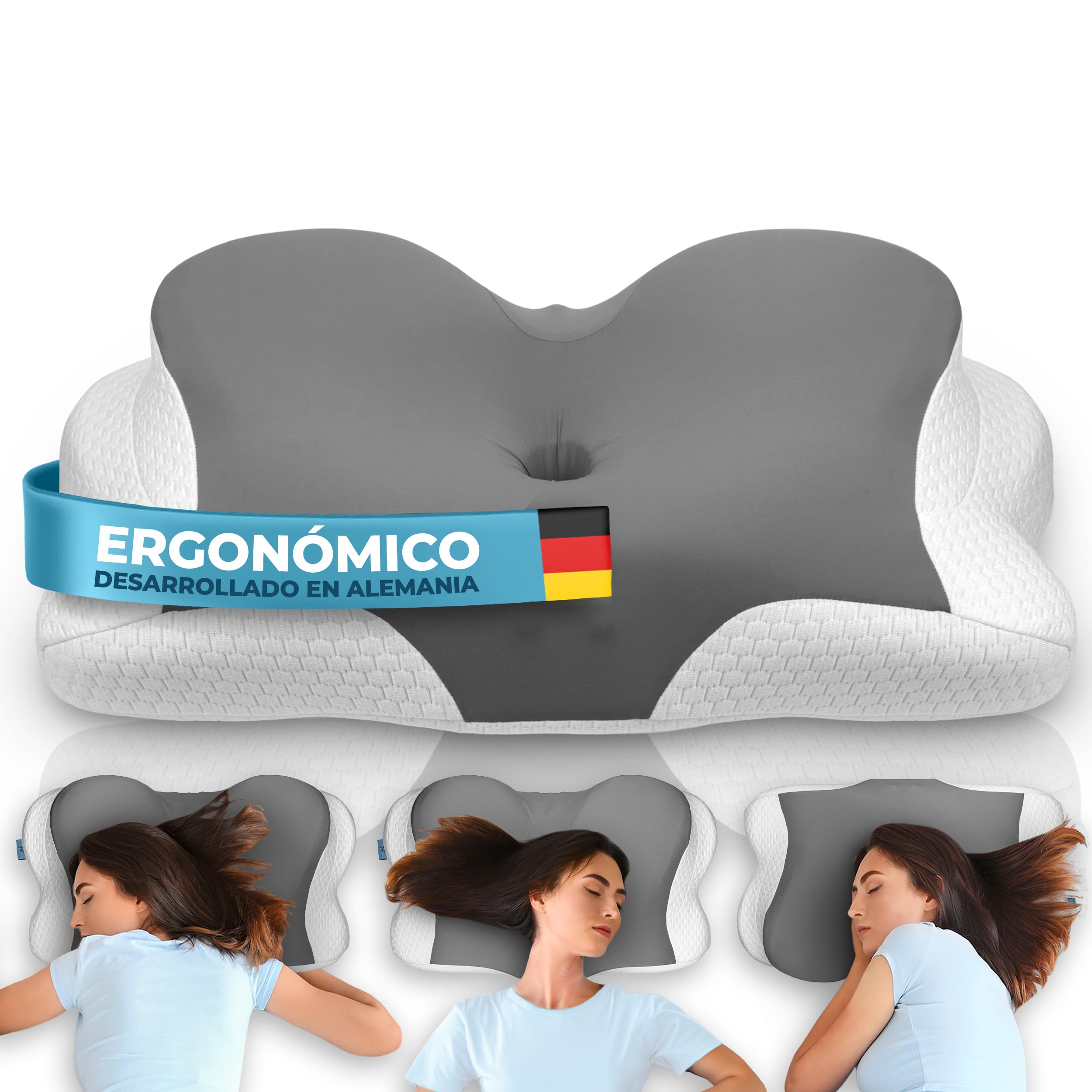 Glückstoff® Almohada Ergonómica [Nominado al Premio Innovación Ergonomía] Almohada Memory Foam | Almohada Cervical Ergonómica Rodillo Cervical Almohada para Dormir de Lado Gris