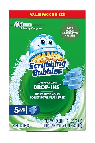 Scrubbing Bubbles Continuous Clean Toilet Drop-Ins, Automatic Blue Toilet Bowl Cleaner, Septic-Safe Tank Tablets Remove Hard Water Minerals & Limescale, Stain & Smell Protection, 5 Count (Pack of 1)