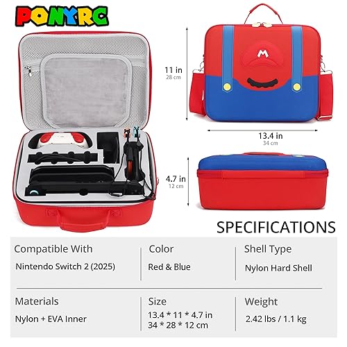 Miniatura 4 de PONYRC Mario Carrying Case for Nintendo Switch 2 (2025), Large All in One Hard Travel Case with Game Card Slots, Portable Full Protection Carry Bag