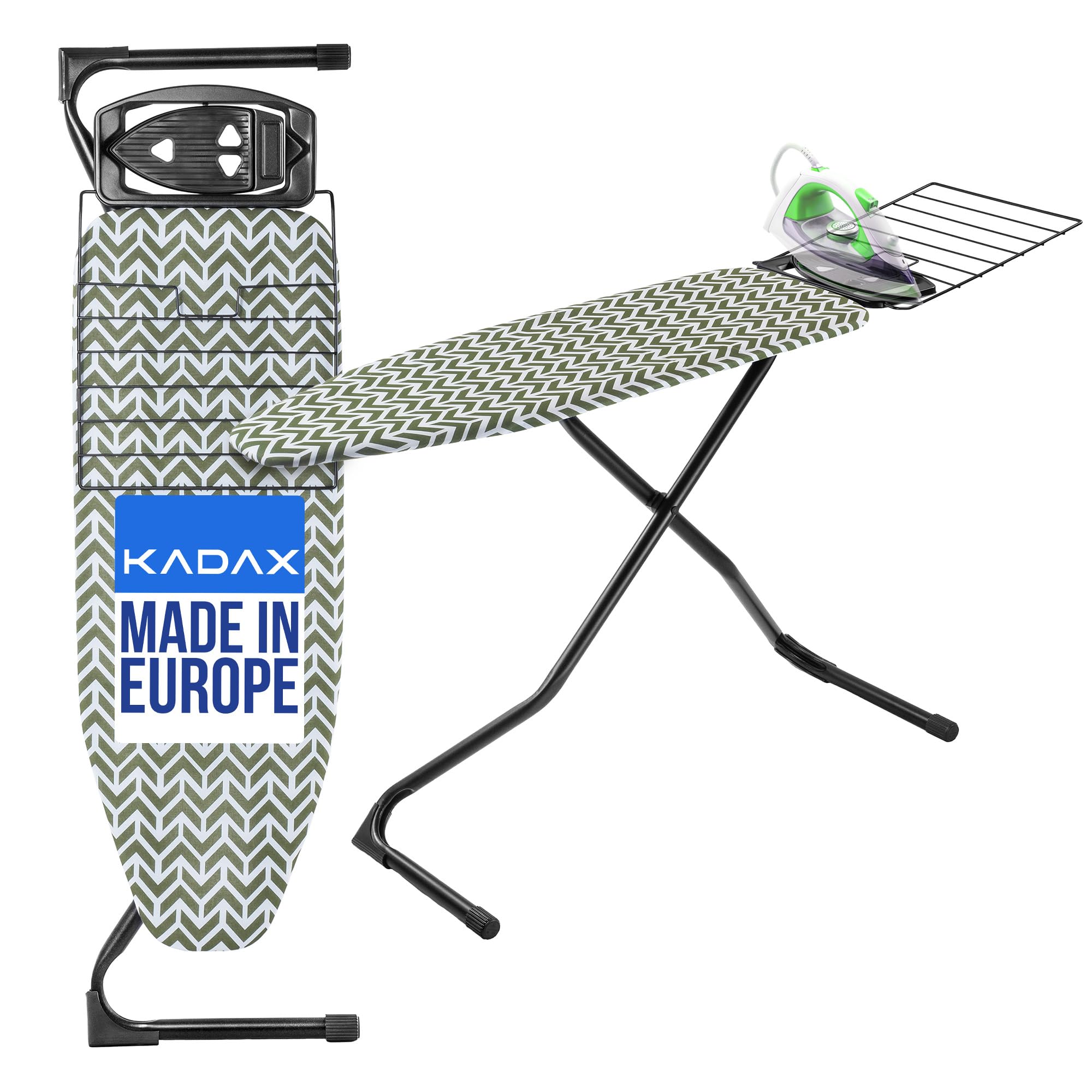 KADAX Deska do prasowania 120x42 cm z wysuwaną półką, regulacją wysokości i antypoślizgowymi stopkami, do żelazek parowych, kolor zielony