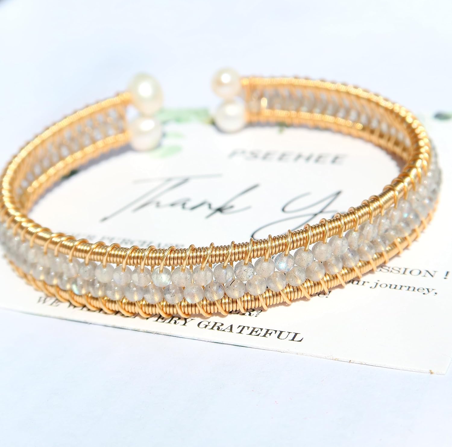 Handmade Genuine Double Layers Rainbow Moonstone, White Labradorite 14k Gold Filled Wire Wrapped Bracelet, Adjustable Size Healing Crystal Beads Birthstone Gemstone Bohemian Jewelry Gift for Women