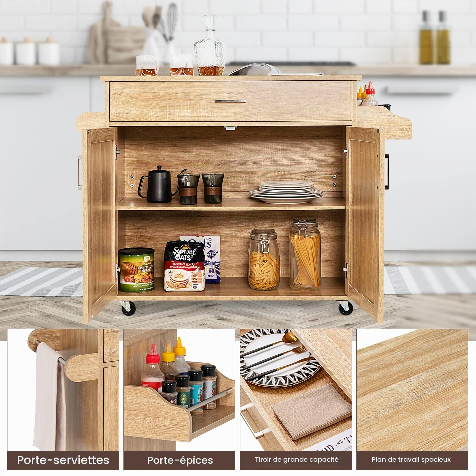 GIANTEX Desserte à roulettes avec Plan de Travail 90 x 40 cm, Desserte de Cuisine avec Grand Tiroir et Armoire à 2 Portes, Porte-Épices et Porte-Serviettes,116 x 40 x 85 cm (Naturel)