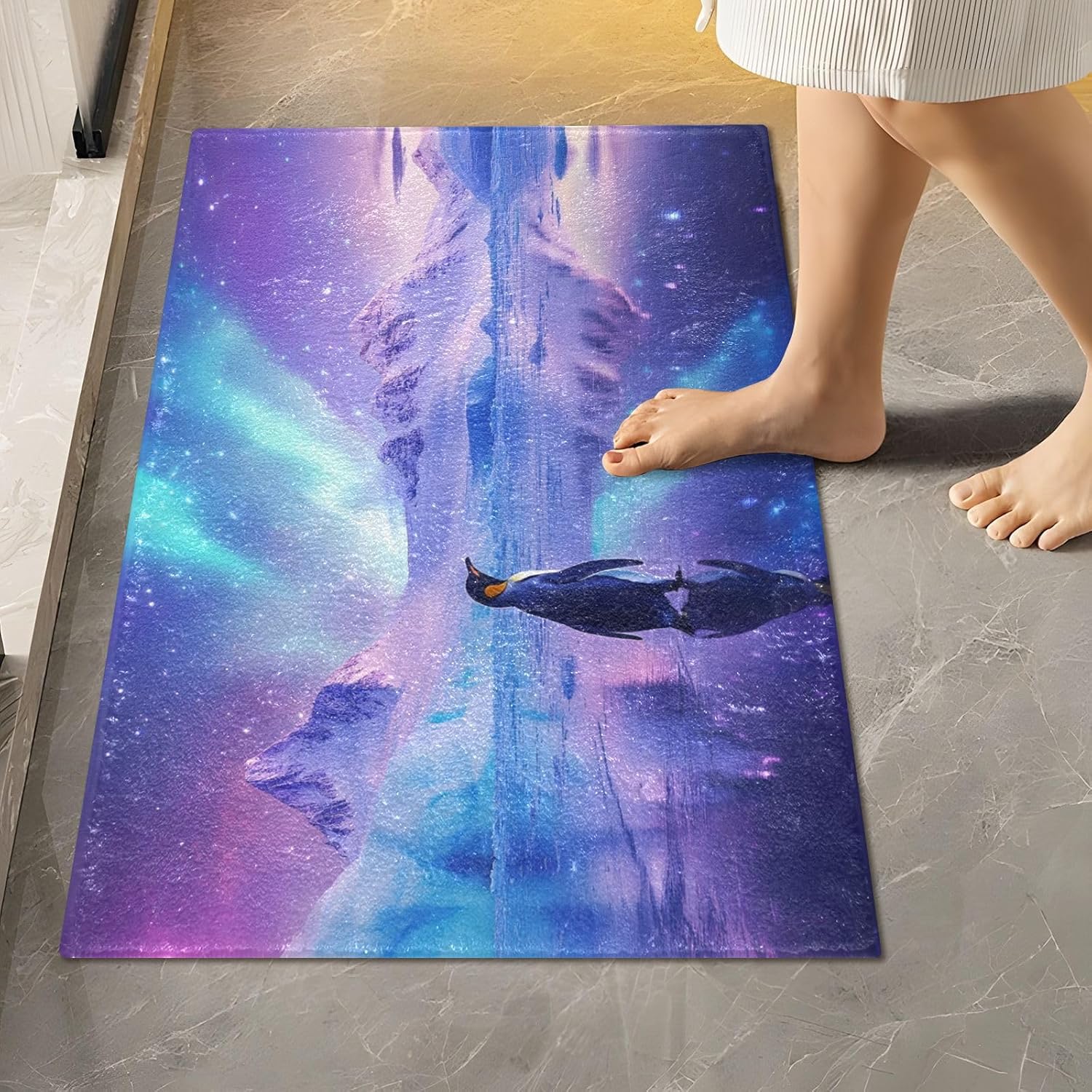 2 Pieces Bathroom Mat Set-Aurora Penguin, Plush Absorbent Bath Mats Carpets with Non Slip Bottom for Bathroom Toilet Tub and Shower