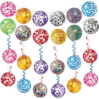 Disco Ball Decoration 24 Pack & Disco Ball Banner 12 Pack 70s 80s 90s Party Decoration Set Hanging Spirals & Streamers for Disco Rock & Hippie Parties