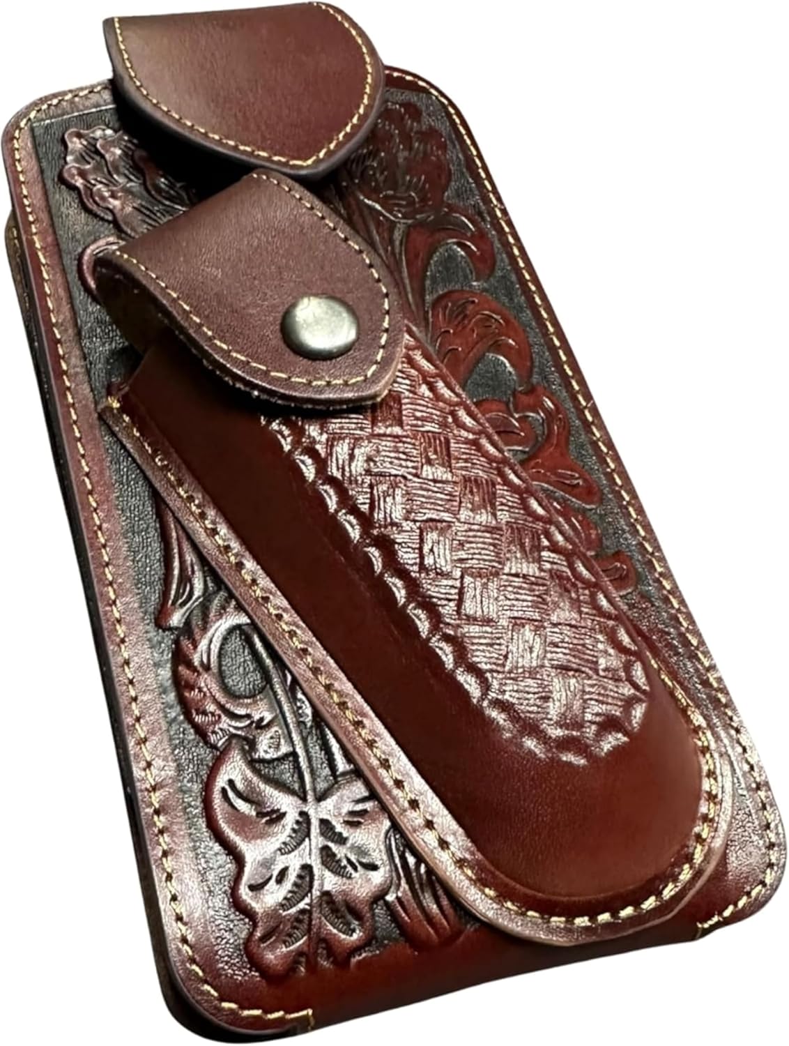 Western Leather Phone Belt Holster and Knife Holder Floral Leather Embossed Cowboy Basketweave High End Handmade Cell Phone Case Tooled Case Universal by E g i f t h o m e (Brown)