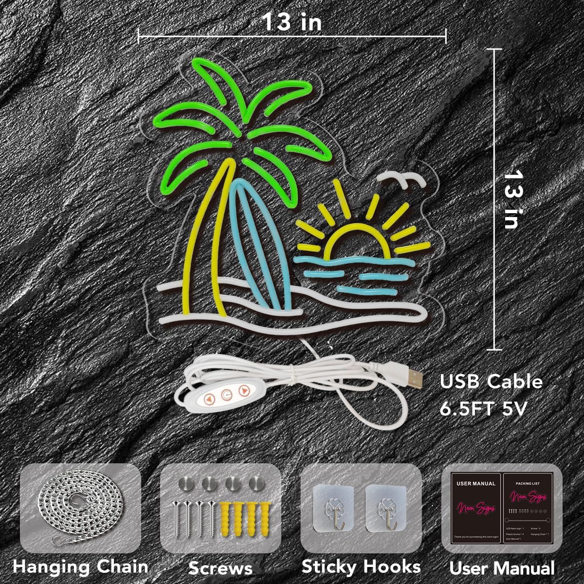 Tropical Palm Tree Neon Sign, Dimmable Beach Sunset Surf LED Light UP Sign, Tropical Coconut Tree Wall Decor for Tiki Bar, Hawaii Club, Bedroom, Summer Beach Party, Gift for Dad Father Him, RV Travel Trailer Decor, Cafe, Shop Decoration Gift