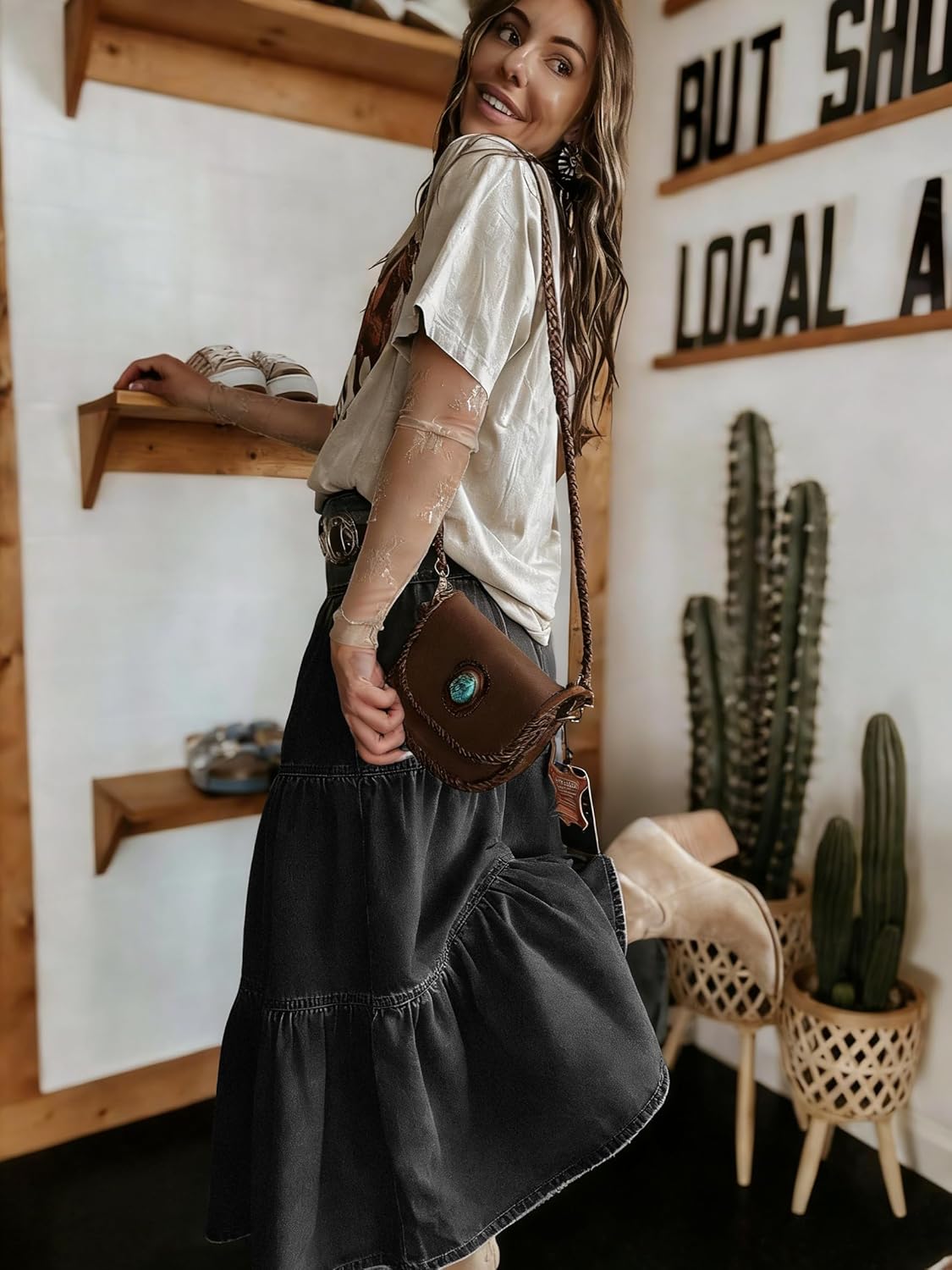 utcoco Women's High Waist Long Denim Skirt Button-Fly Tiered Ruffle Swing A-Line Jean Maxi Skirt with Pockets - Image 4