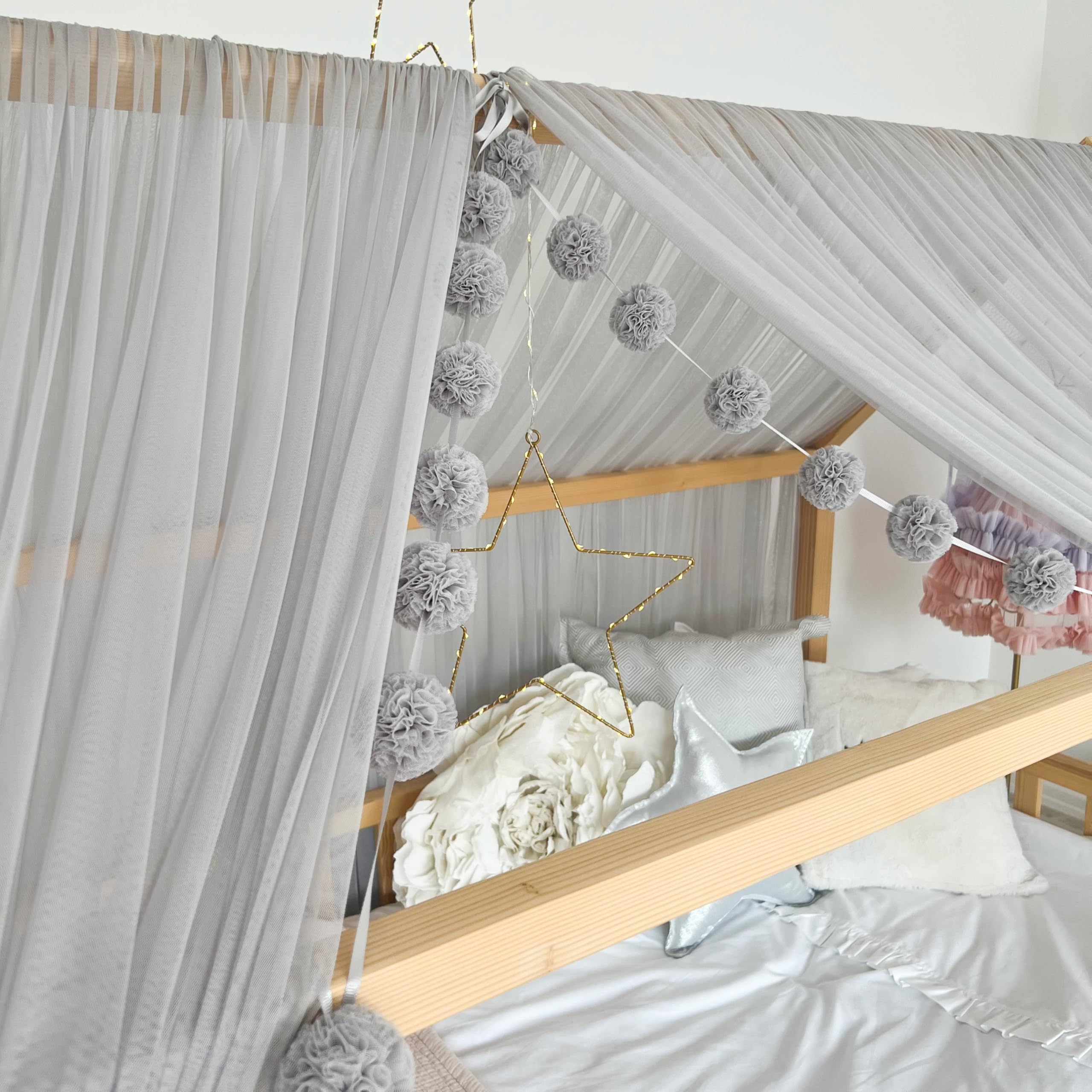 Montessori Betthimmel für Kinderzimmer, weicher Tüll, Hausbetthimmel, Kleinkind-Bodenbett-Dekoration, Kinderzimmer, Leseecke, Spielzelt (grau, 360 cm, kein Zubehör)