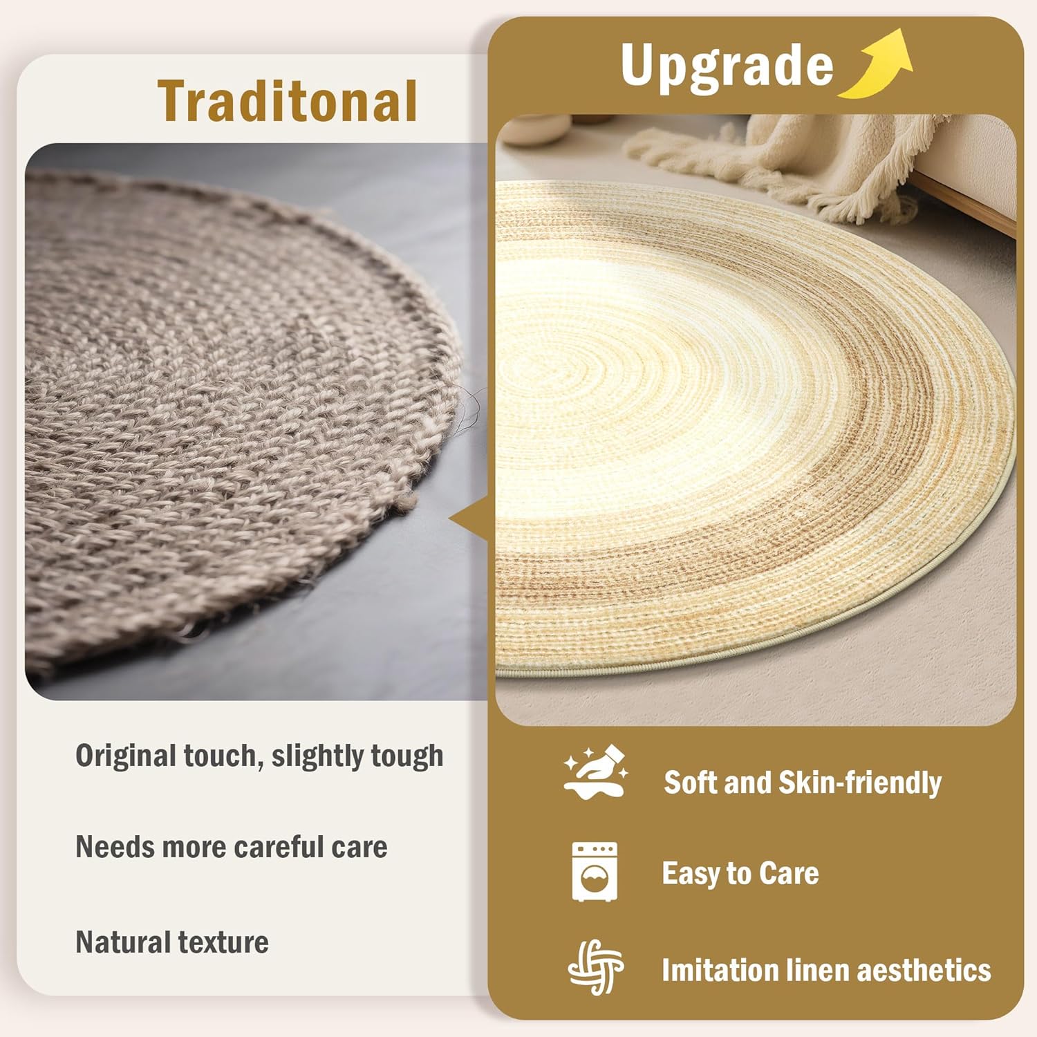 Carvapet 5 ft Round Washable Rug, Imitation Jute Low Pile Circle Carpet with Non Slip Rubber Backing, Foldable Stain Resistant Area Rug for Living Room Bedroom Office Bathroom