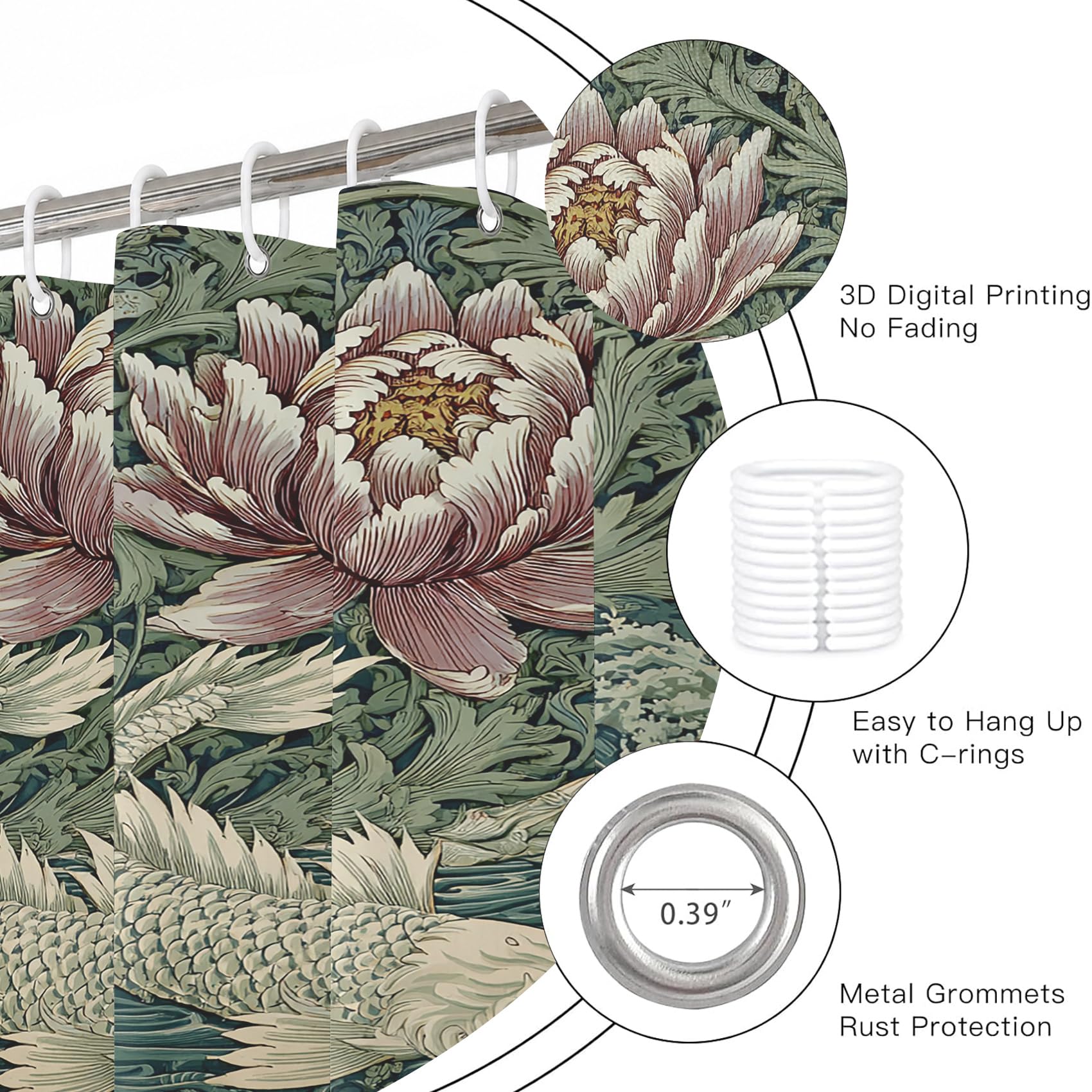 Générique Rideau de Douche Carpe Koï Japonaise 180x200cm | Rideau Douche Fleurs Plantes William Morris Tissu Polyester Hydrofuge Rideau Baignoire pour Salle de Bain avec Crochets