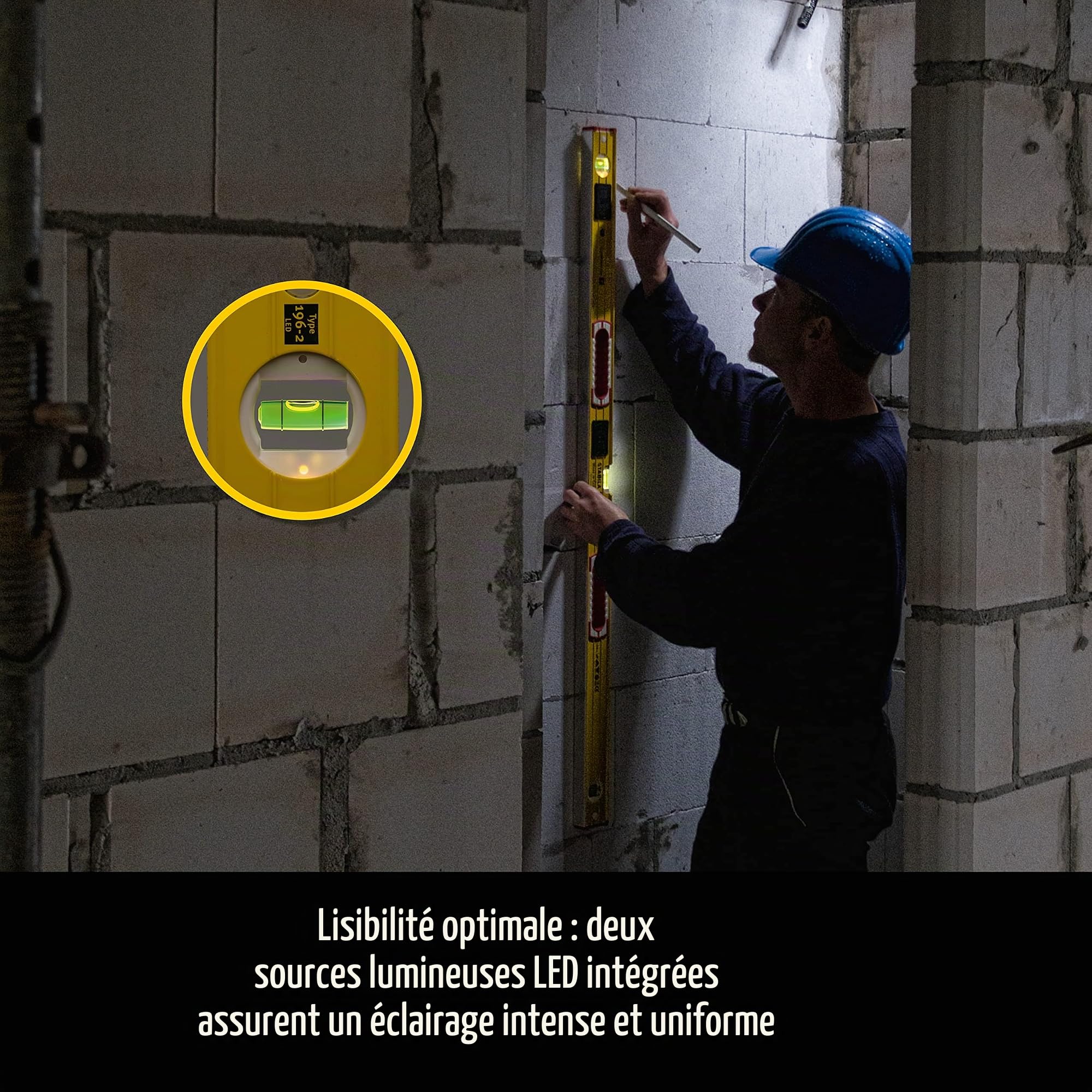 STABILA Niveau Type 196-2 LED, 61 cm, profilé en aluminium extra-rigide, 1 fiole horizontale/1 fiole verticale LED, 1 poignée, embouts amortisseurs, antidérapant, Made in Germany