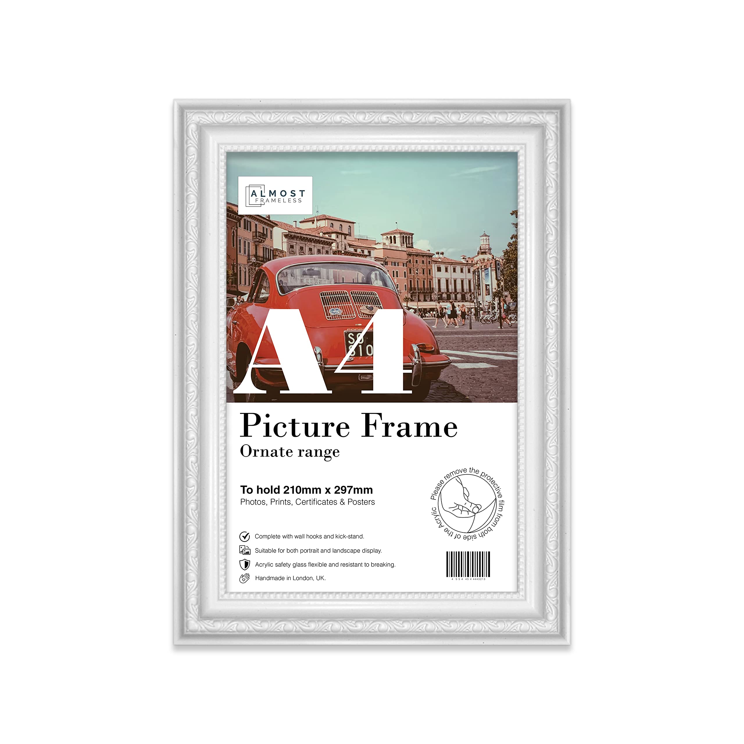 Almost Frameless A4 White Ornate Picture Frame Fits A4 (21 x 29.7cm - 8.3 x 11.7in) Poster, Photo, Artwork, or Print. Shabby Chic Style Portrait and Landscape Display with Wall Hooks