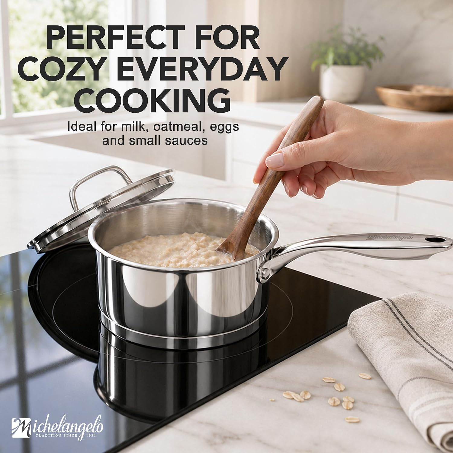 MICHELANGELO 1QT Small Stainless Steel Saucepan with Lid, Tri-Ply Base