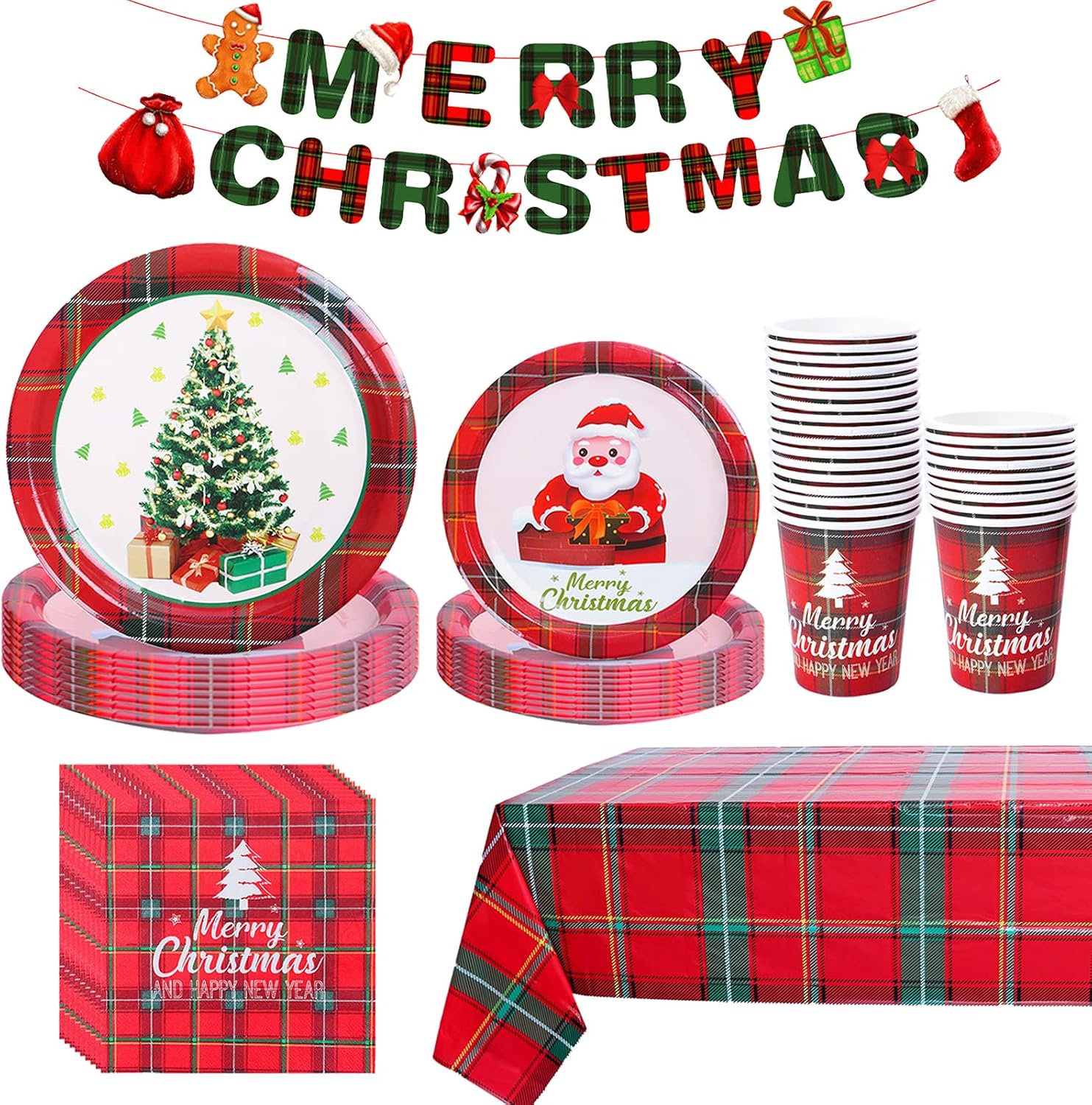 98PCS Christmas Paper Plates and Napkins for 24 Guests, Christmas Party Supplies Dinnerware Set with Disposable Dinner and Dessert Plates, Tablecloth, Cups, Flag for Christmas Party Decorations