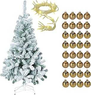 Well Home Set Navideño de Árbol Nevado de 180cm con Guirnalda de 80 LED y 32 Bolas Decorativas Doradas