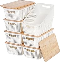 Vista 13 de Contenedores de almacenamiento pequeños con tapas, 6 unidades, cesta de almacenamiento de plástico con tapa de bambú para organización de despensa