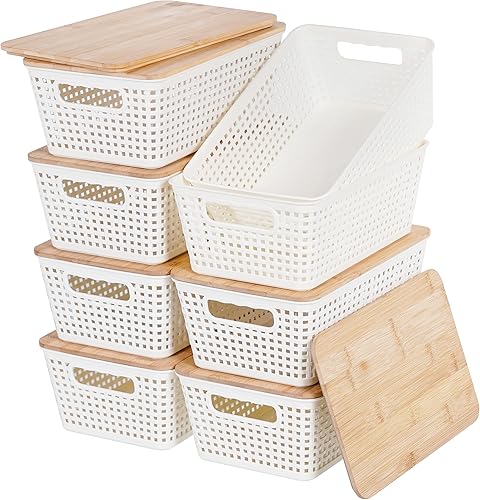 Miniatura 13 de Contenedores de almacenamiento pequeños con tapas, 6 unidades, cesta de almacenamiento de plástico con tapa de bambú para organización de despensa y