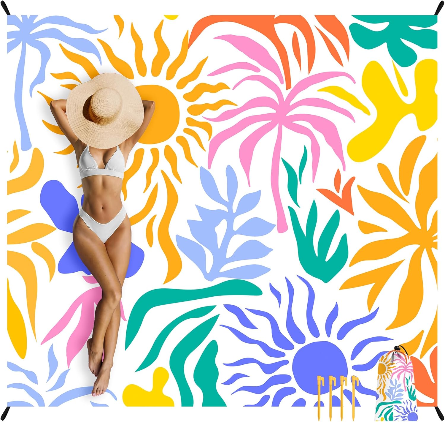 Shedoo Beach Blanket, Waterproof Sandproof Beach Mat with 4 Stakes & 4 Pockets, 78''×86'' Large Compact Lightweight Sand Free Outdoor Essentials for Beach, Picnic, Travel, Camping - Image 8