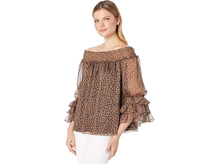 cece leopard print off the shoulder ruffle blouse