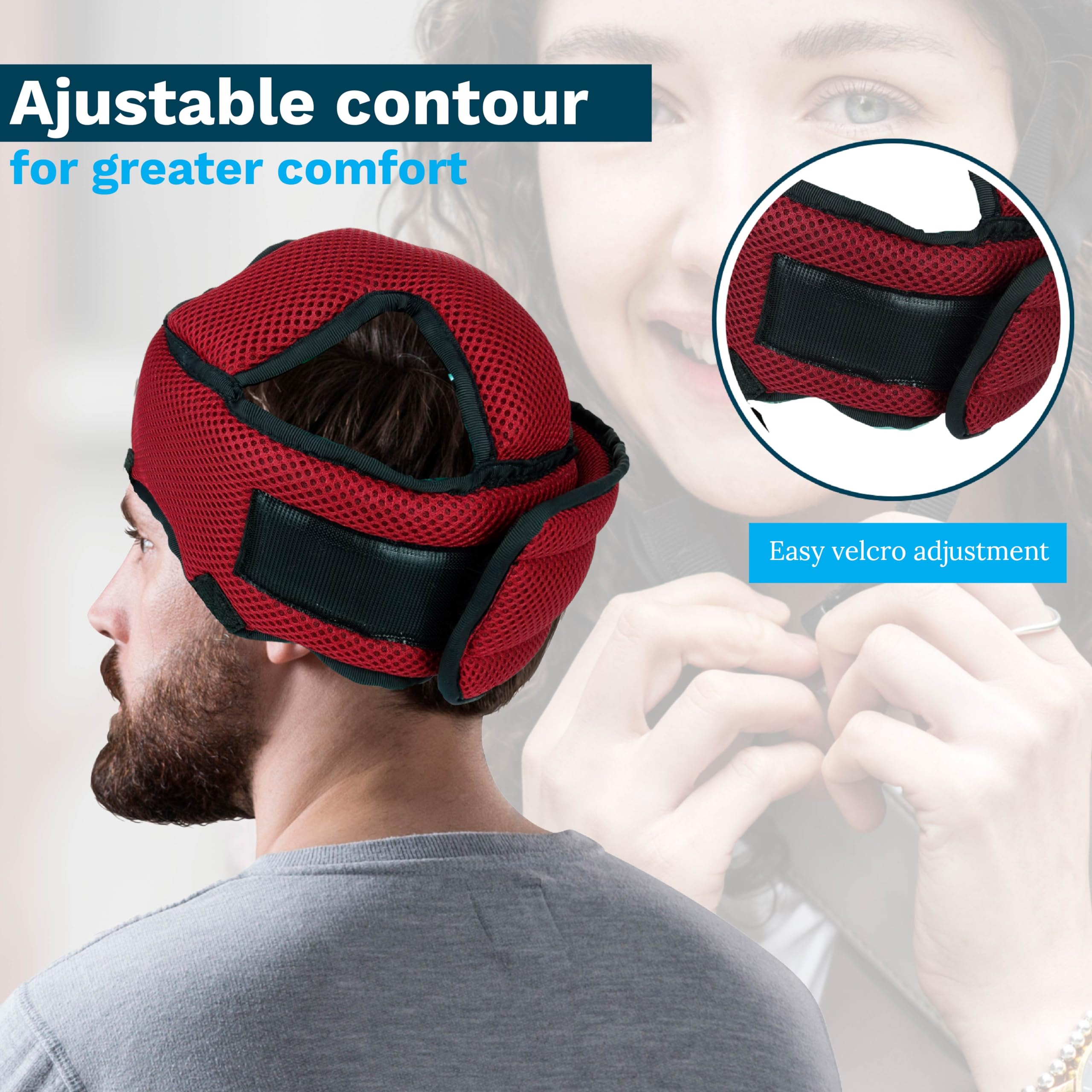 Ubio Casco de Protección Craneal Rojo, Tejido Acolchador Transpirable, Protector de Cabeza Personas Mayores, Epilepsia, Convulsiones, Niños, Adultos, Arnés de Mentón Ajustable 50-54cm Hecho en España