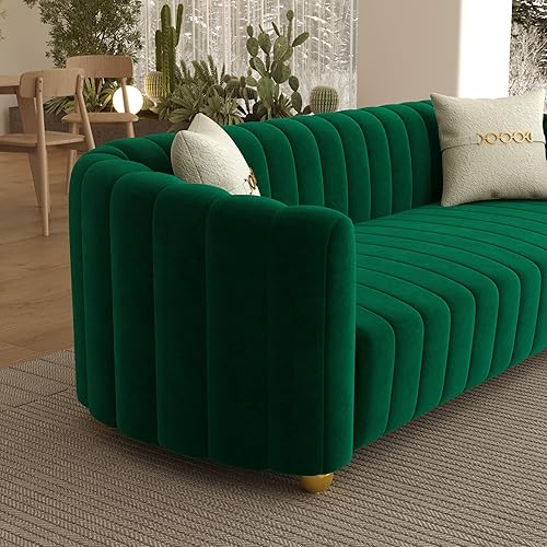 Miniatura 5 de Sofá Chesterfield de terciopelo tapizado de terciopelo de 83 pulgadas, moderno sofá con 2 almohadas para sala de estar y apartamento (verde)