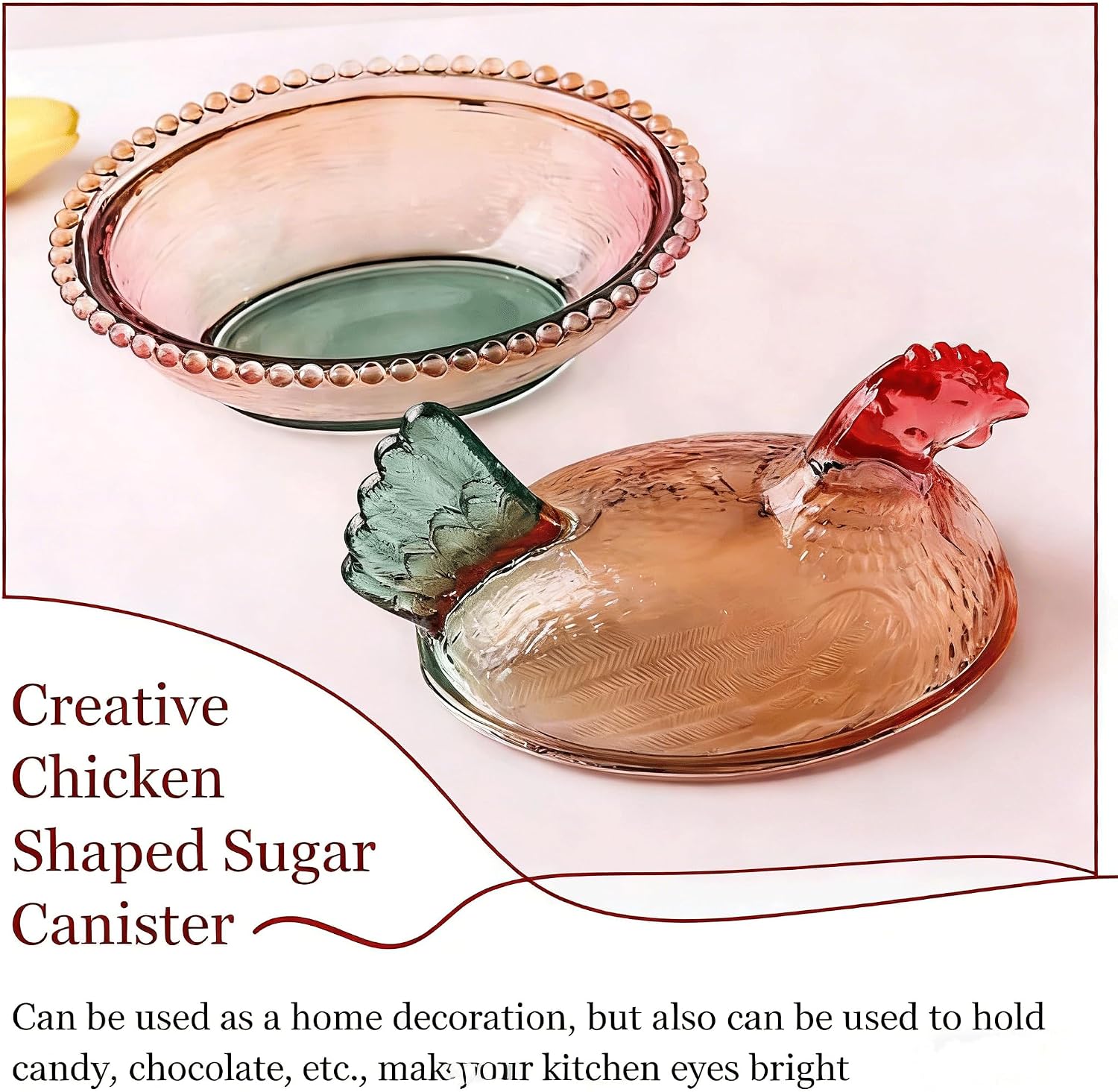 MZU Vintage Glass Hen on Nest Dish with Lid - Large Pedestal Rooster Glass Candy Bowl, Colorful Crystal Candy Jar for Snacks, Dessert, Cookies | Home Kitchen Office Tabletop Decor (Red)