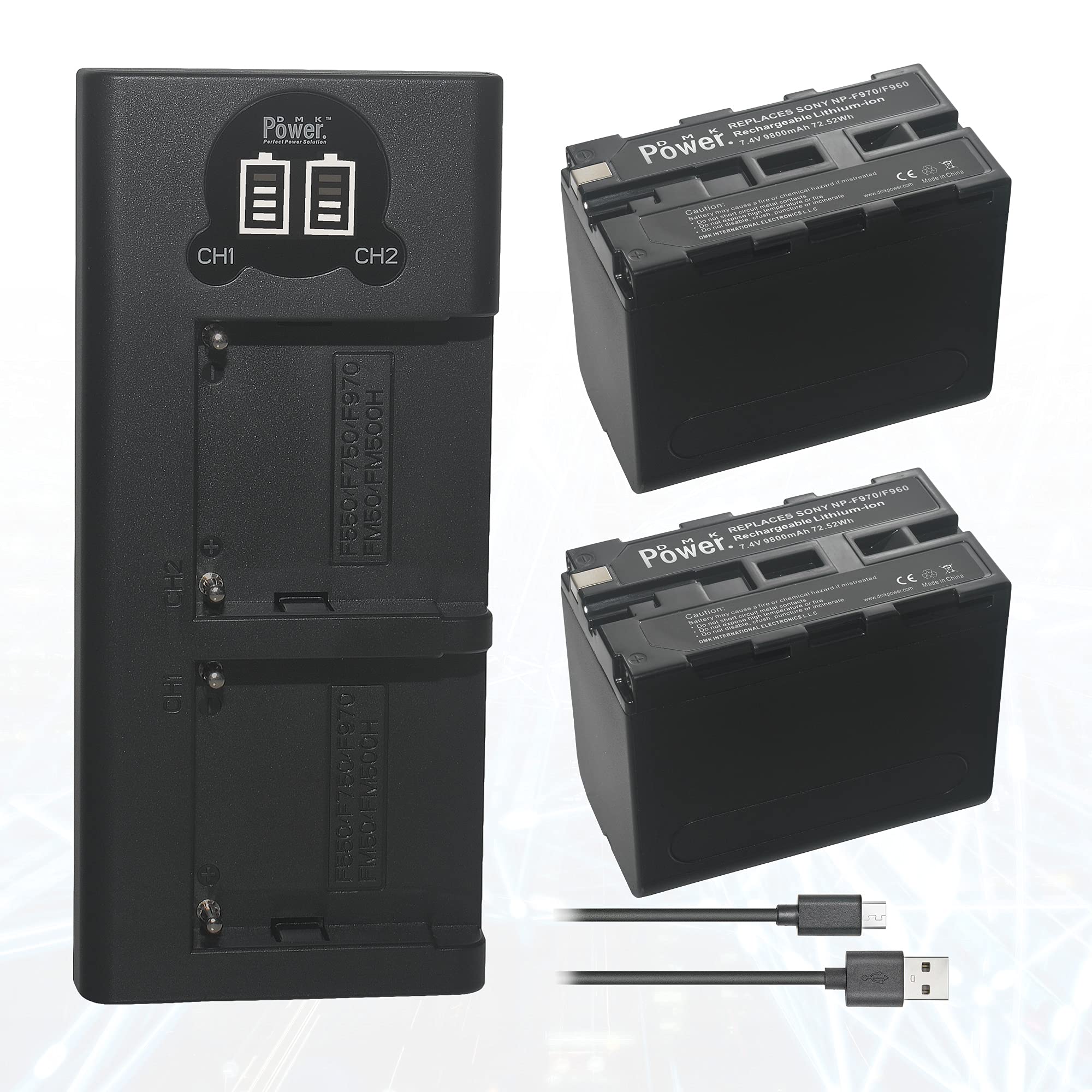 Fast Dual USB Charger with 2-Pack 9800mAh NP-F970 Replacement Batteries Compatible with Sony DCR-VX2100E DSR-PD190P DCM-M1 MVC-CD1000 HDR-FX1 HXR-NX3 HVR-HD1000U Camera LED&Video Light