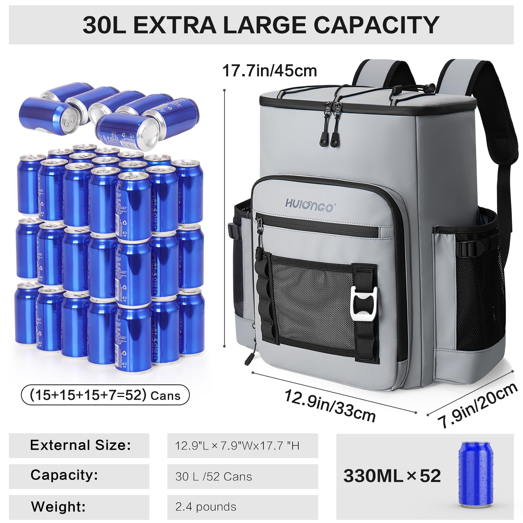 Mochila enfriadora grande con aislamiento impermeable de 52 latas para hombres y mujeres, a prueba de fugas, suave, 8 galones (gris) 2