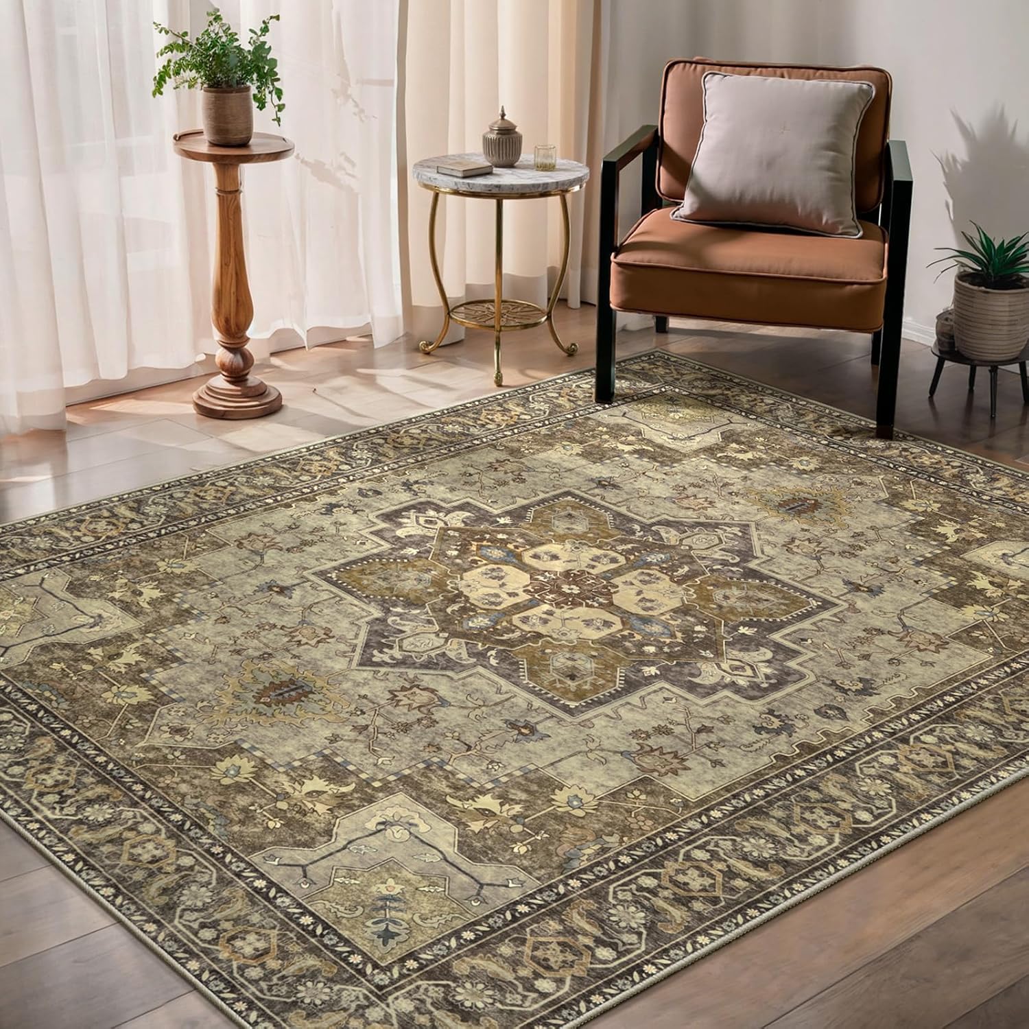 Tapis d'entrée intérieur vintage beige et bleu 70x140 cm pour salon et chambre