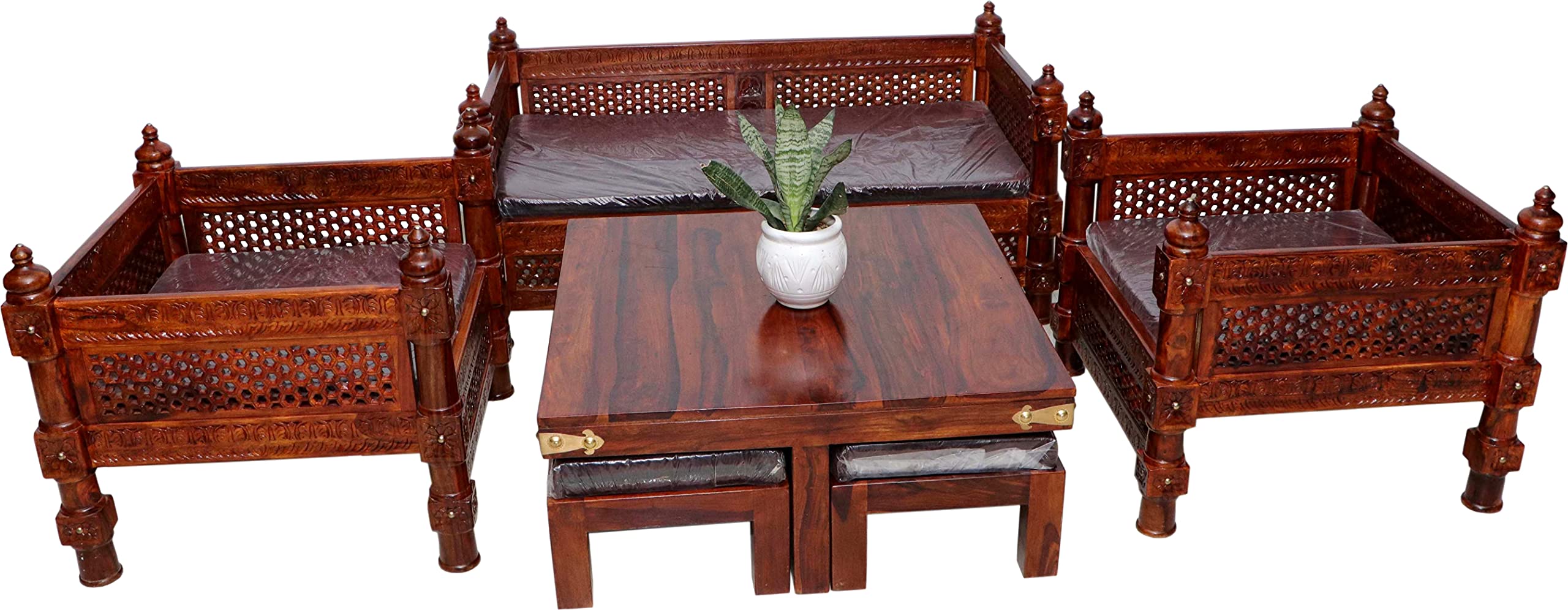 Antique Sheesham Solid Wood Sofa Set | Wooden Sofa Set | Living Room Furniture (2+1+1 with 4 Stool Center Table)