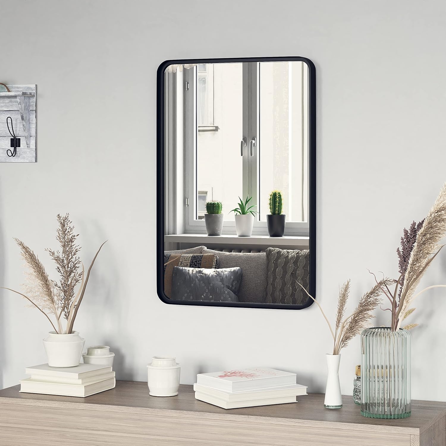 EMMA + OLIVER Afsin 20" x 30" Rectangular Hanging Mirror - Black Metal Frame - Silver Backing - Shatterproof Glass - Ready to Hang - Wall Anchors Included
