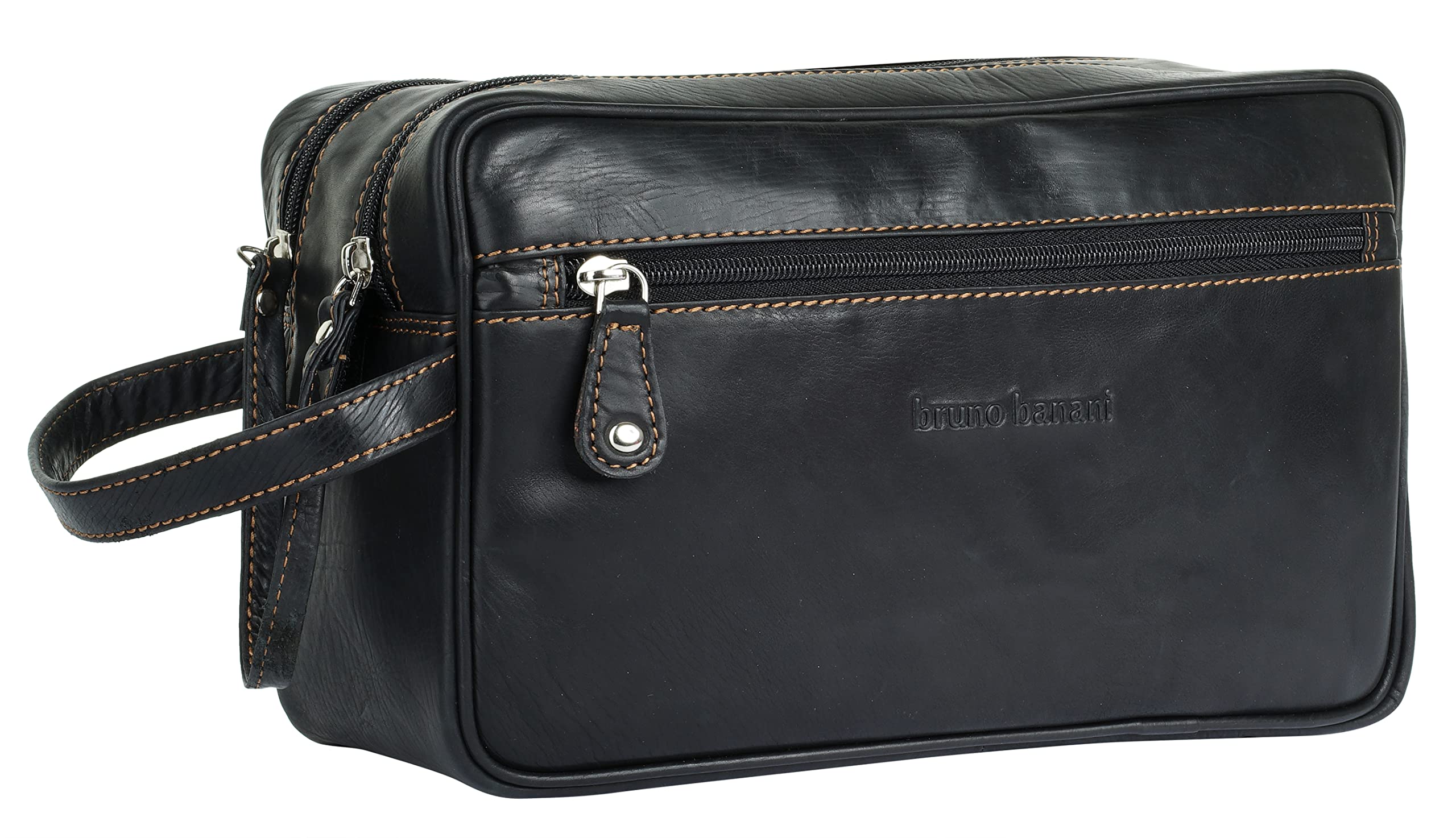 bruno banani Kulturtasche Echt Leder Herren, Damen | Rindleder Kulturbeutel, Kosmetiktasche für Reisen, Waschtasche zum Aufhängen, Necessaire mit Reißverschluss | 021128