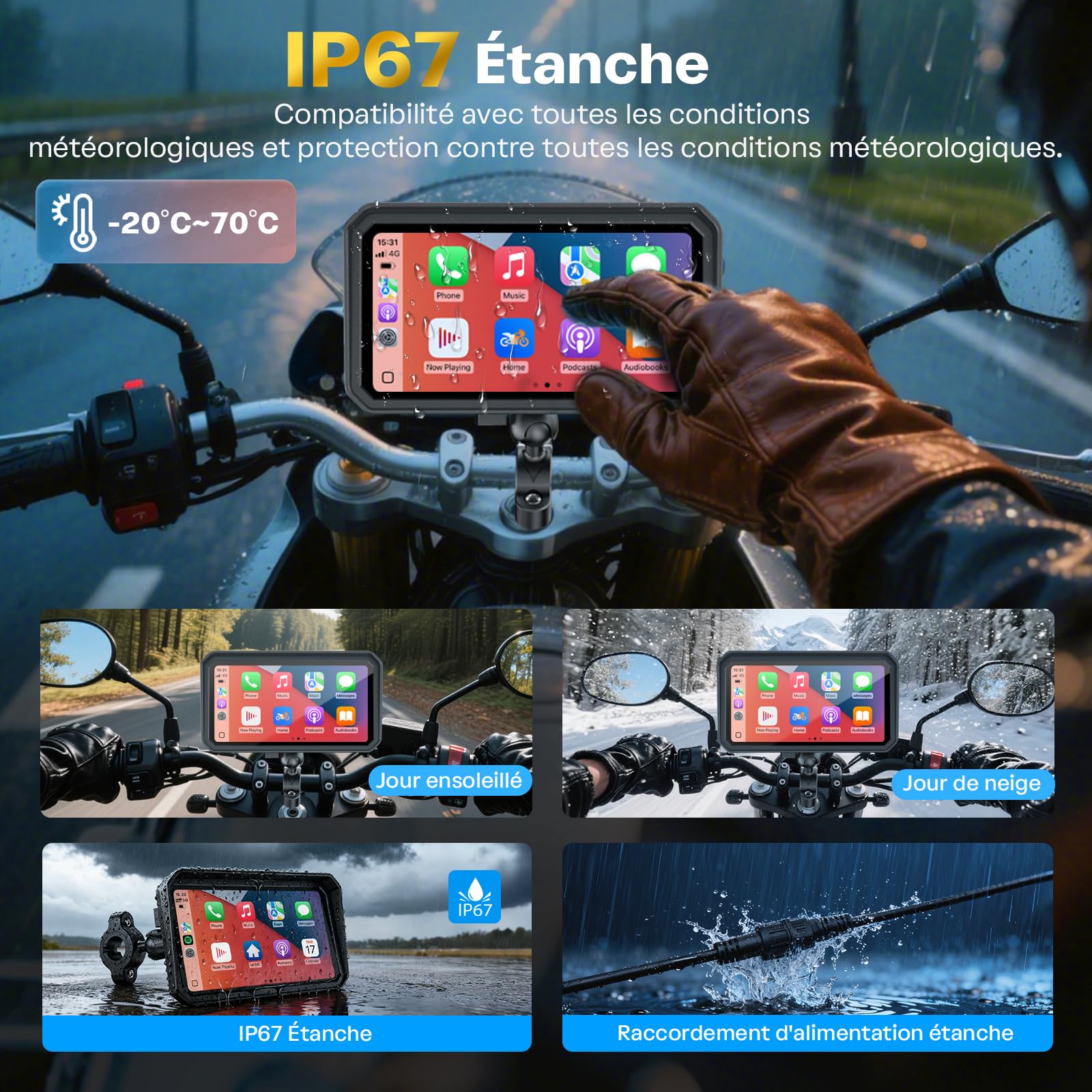 WonVon CarPlay 6.25 Pouces Système de Navigation GPS pour Moto avec Apple CarPlay et Android Auto écran Portable avec Double Bluetooth, Navigation, Siri, Google Assistant Support magnétique