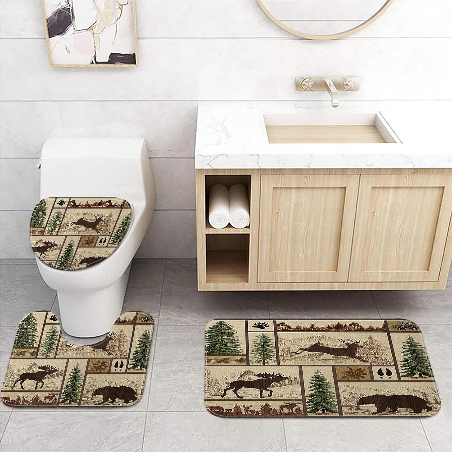 Torich Rustic Cabin Bath Rugs for Bathroom, Forest Bear Deer Wildlife Country Hunting Camping Bathroom Accessories Sets Non-Slip Mats, Bath Curtains with Bath Mats and Toilet Lid Seat Cover