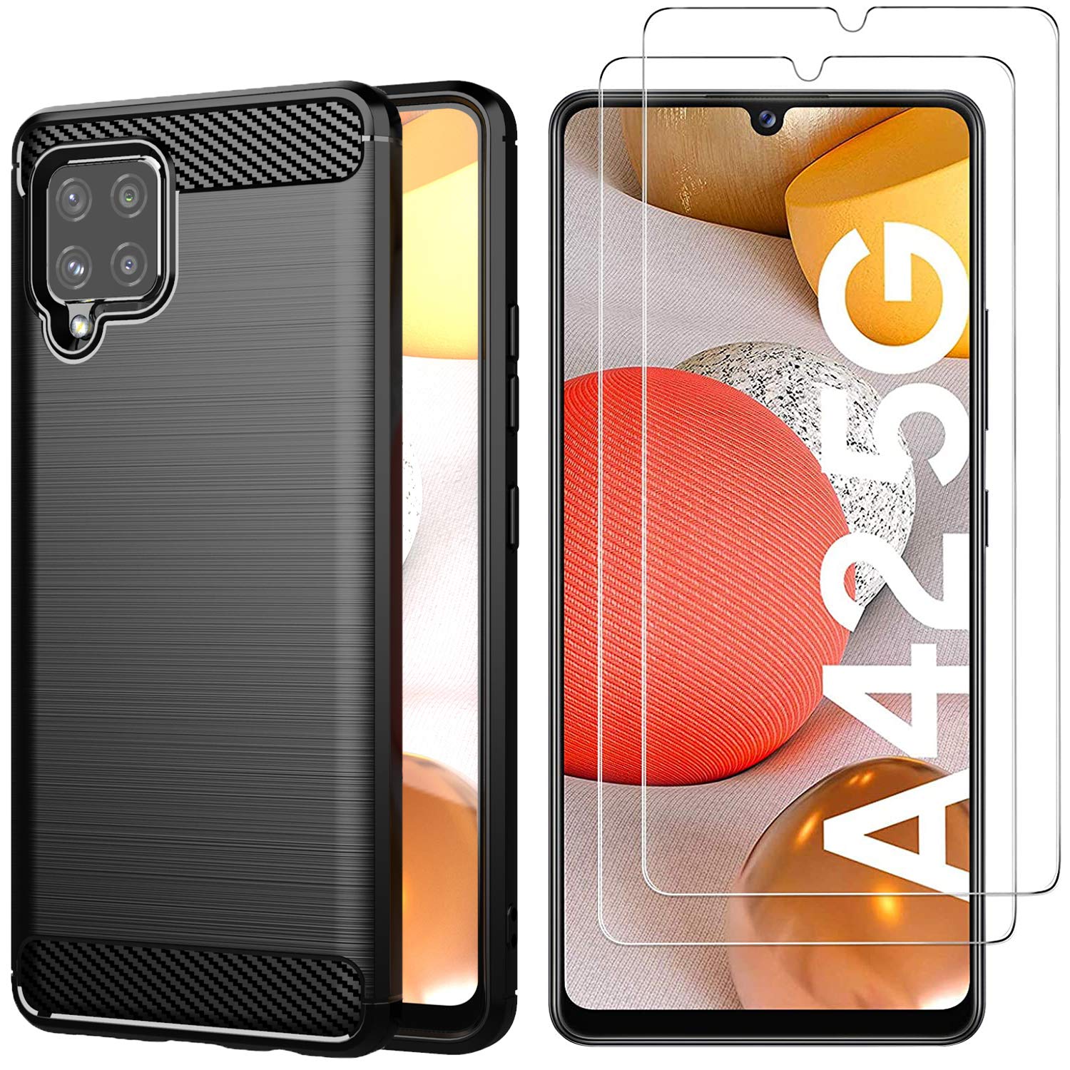 AOYIY For Samsung Galaxy A42 5G Case With Screen Protector, Soft Slim Flex TPU Silicone Case + [2 PACK] HD Tempered Glass Screen Protector For Samsung Galaxy A42 5G (Black)