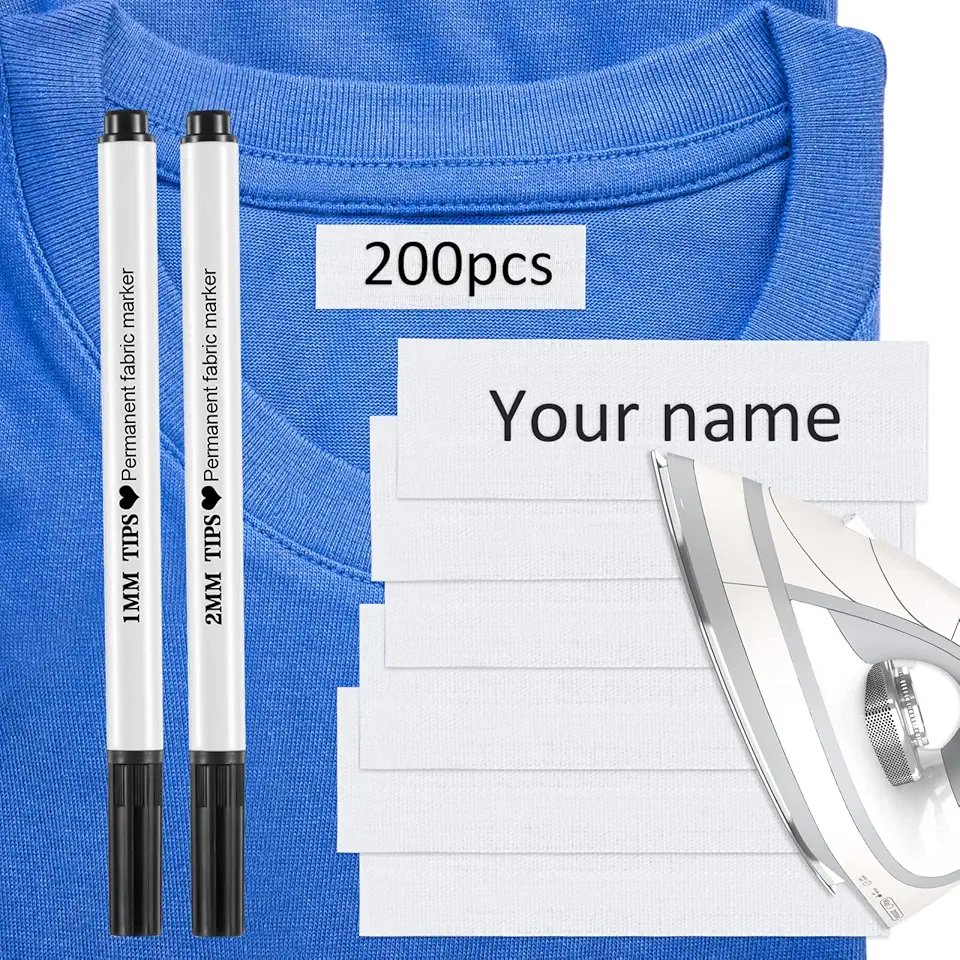 Tatuo 200 peças de etiquetas de nome para roupas, etiquetas de roupas para casa de repouso, etiquetas de tecido com marcador permanente para enfermagem universitária, acampamento, creche, uniformes