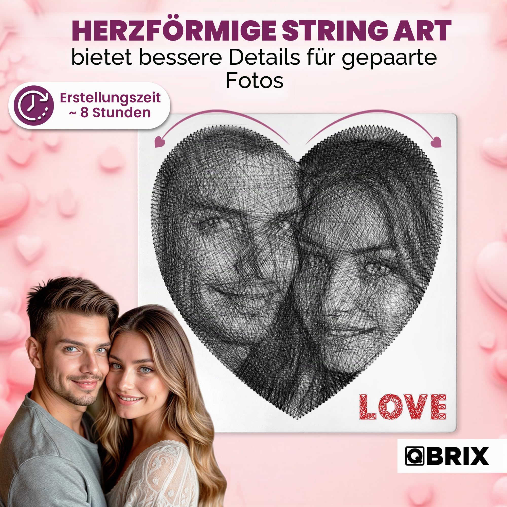 QBRIX Herz – String Art Fadenbild DIY | personalisiertes Geschenk | eigenes Foto als Garnbild | Wunschmotiv | Wandbild (Herz Form 50×50 cm)