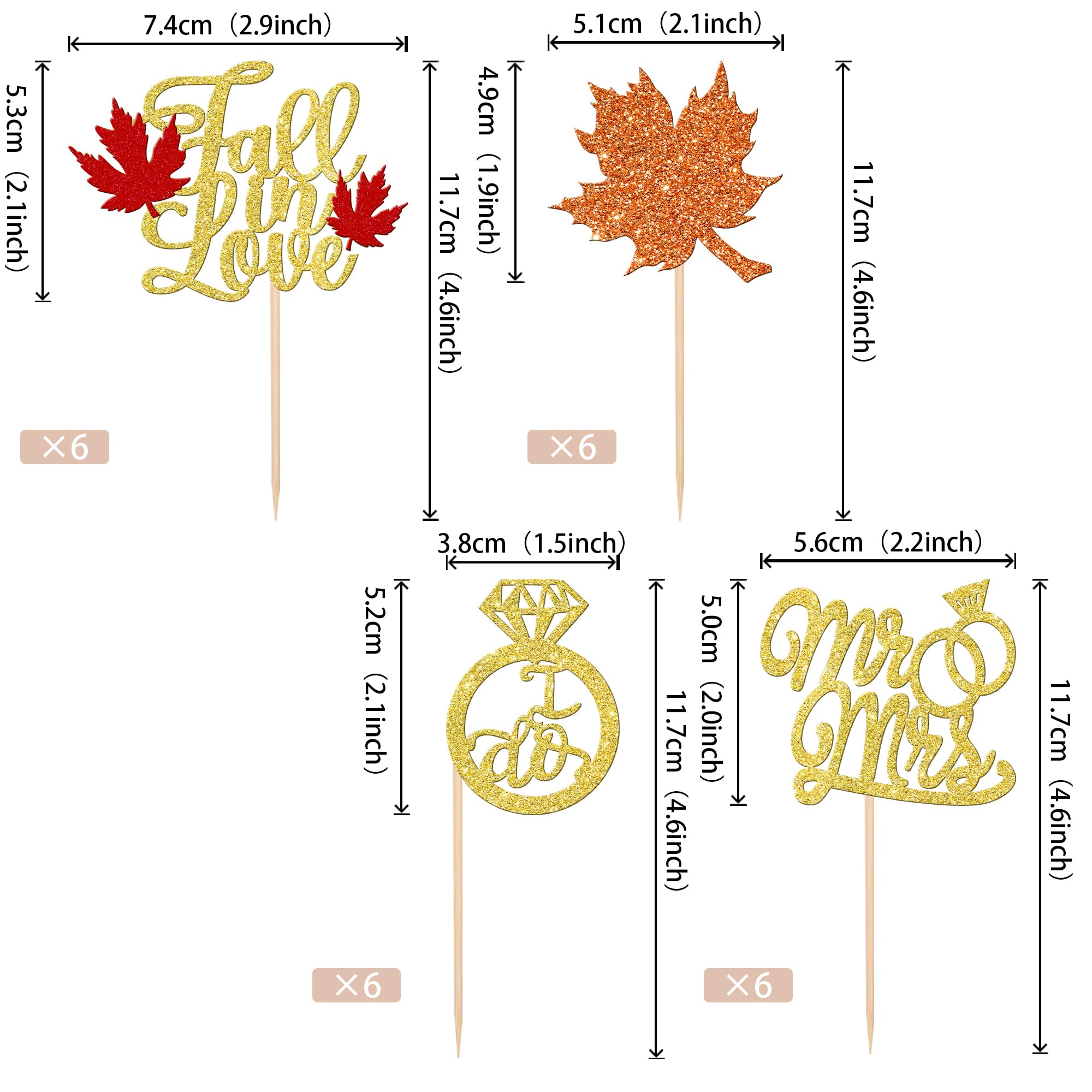 24 PCS Fall in Love Cupcake Toppers Glitter Maple Leaf Cupcake Picks Mr & Mrs Diamond I Do Cupcake Decorations for Autumn Wedding Engagement Bridal Shower Theme Party Cake Decorations Supplies